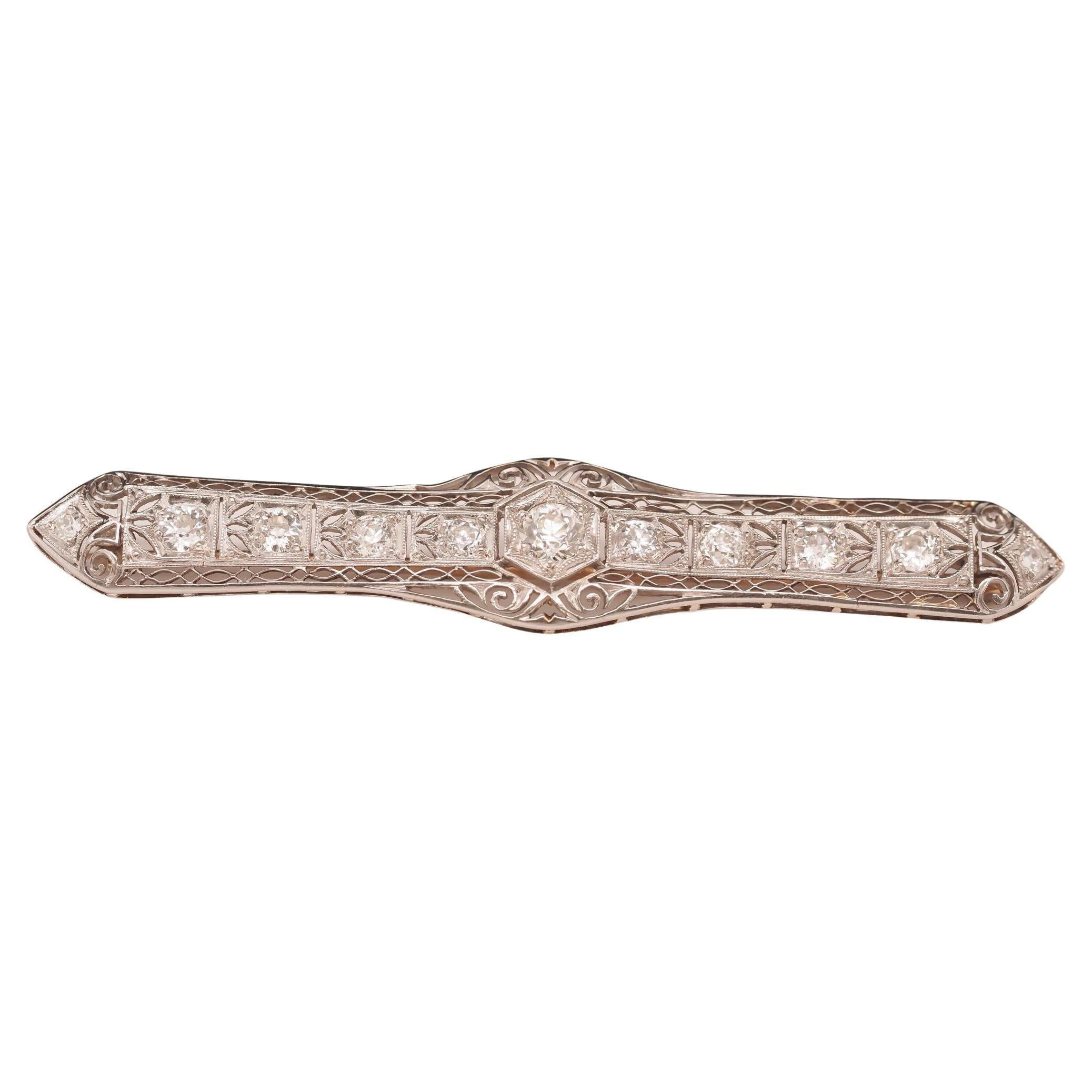 Circa 1930s Platinum Art Deco Filigree Old European Diamond Brooch and Pin