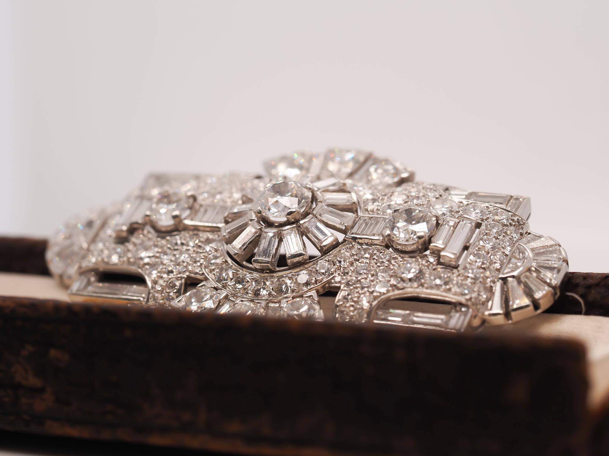 Old European Cut Circa 1930s Platinum Art Deco Ornate Diamond Brooch For Sale