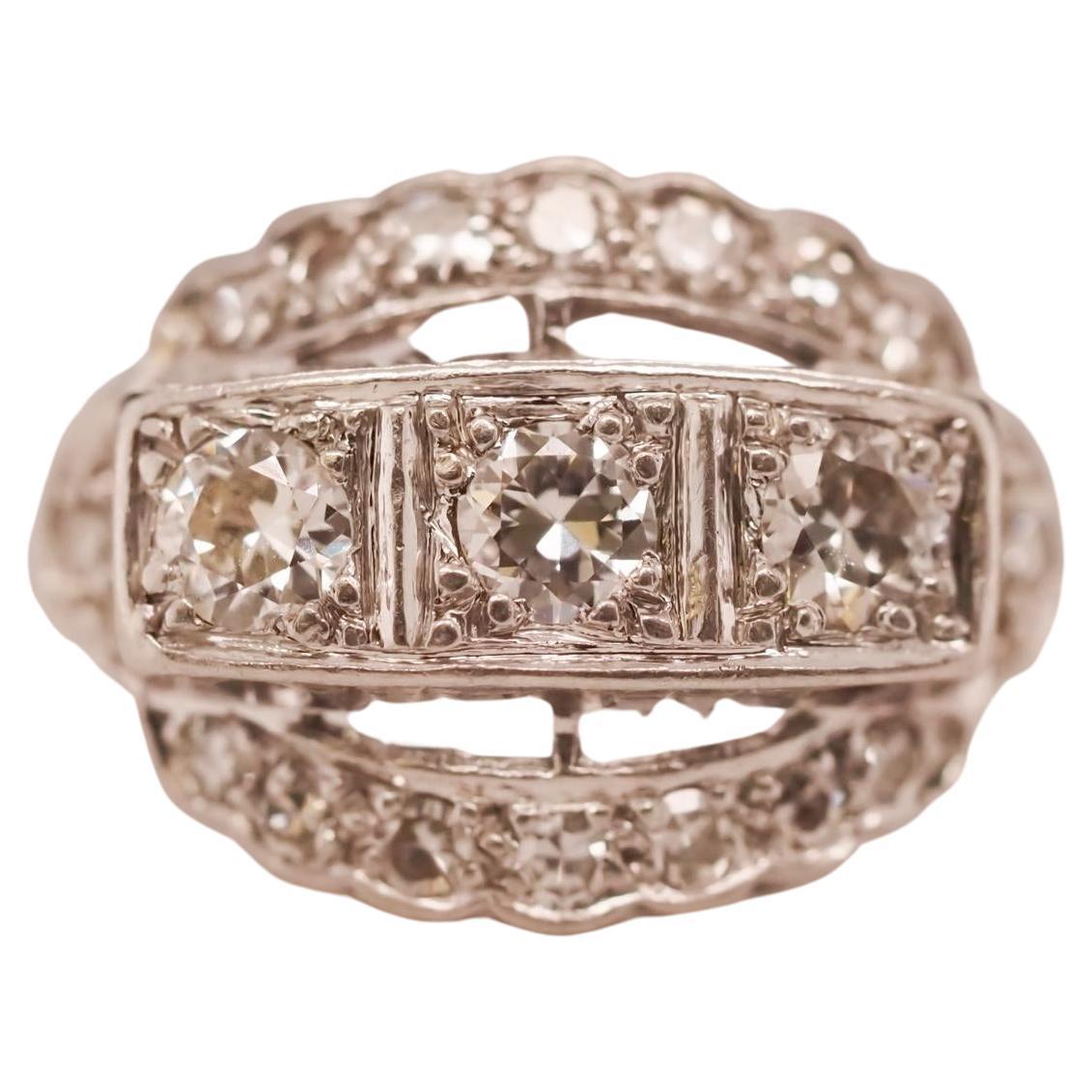 Circa 1930s Platinum Art Deco Three Stone Old European Diamond Ring For Sale