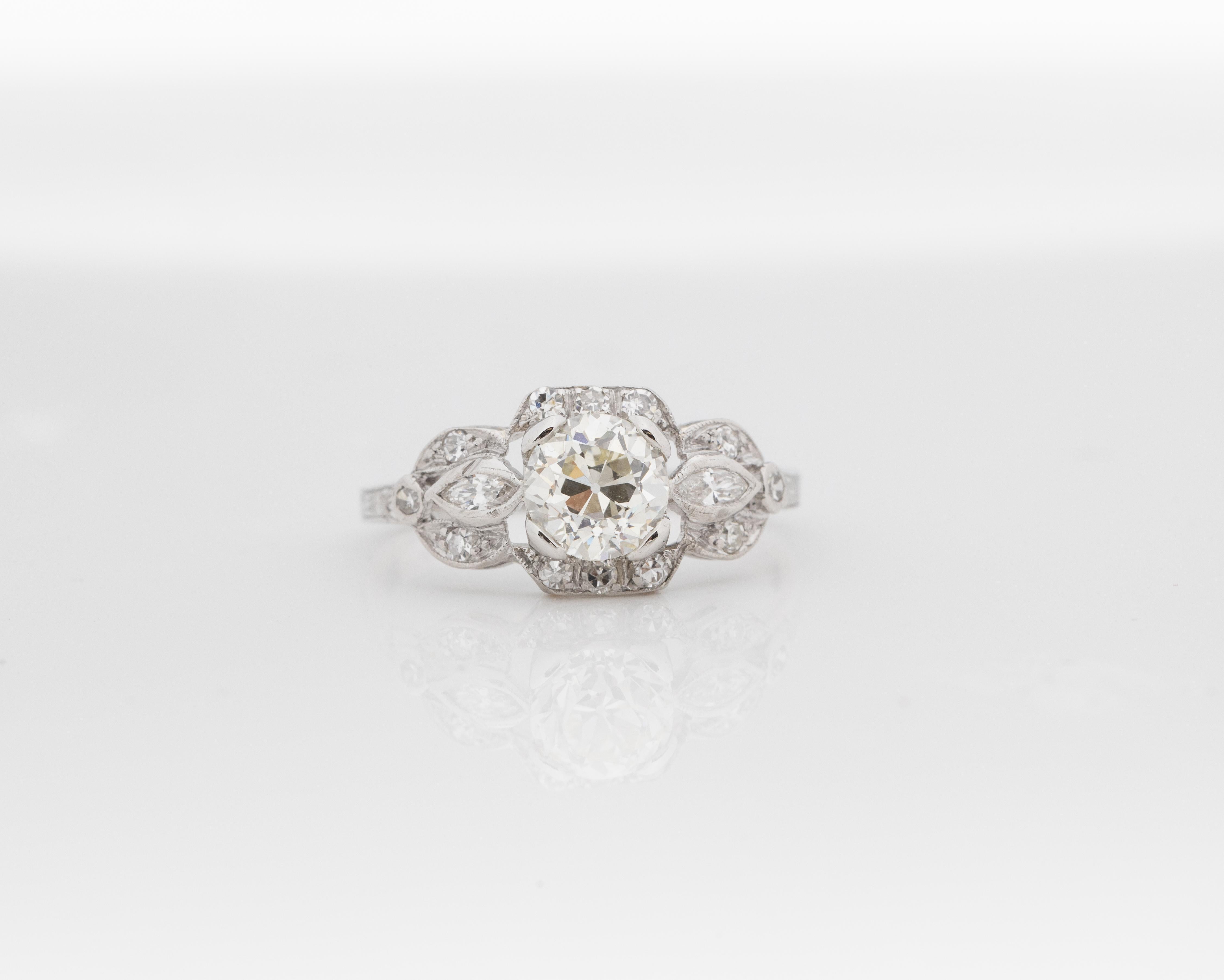 Year: 1930s
Item Details:
Ring Size: 7.5
Metal Type: Platinum [Hallmarked, and Tested]
Weight: 3.4 grams
Center Diamond Details:
GIA Report#: 5231302705
Weight: 1.08ct total weight
Cut: Old European brilliant
Color: L
Clarity: SI1
Type: