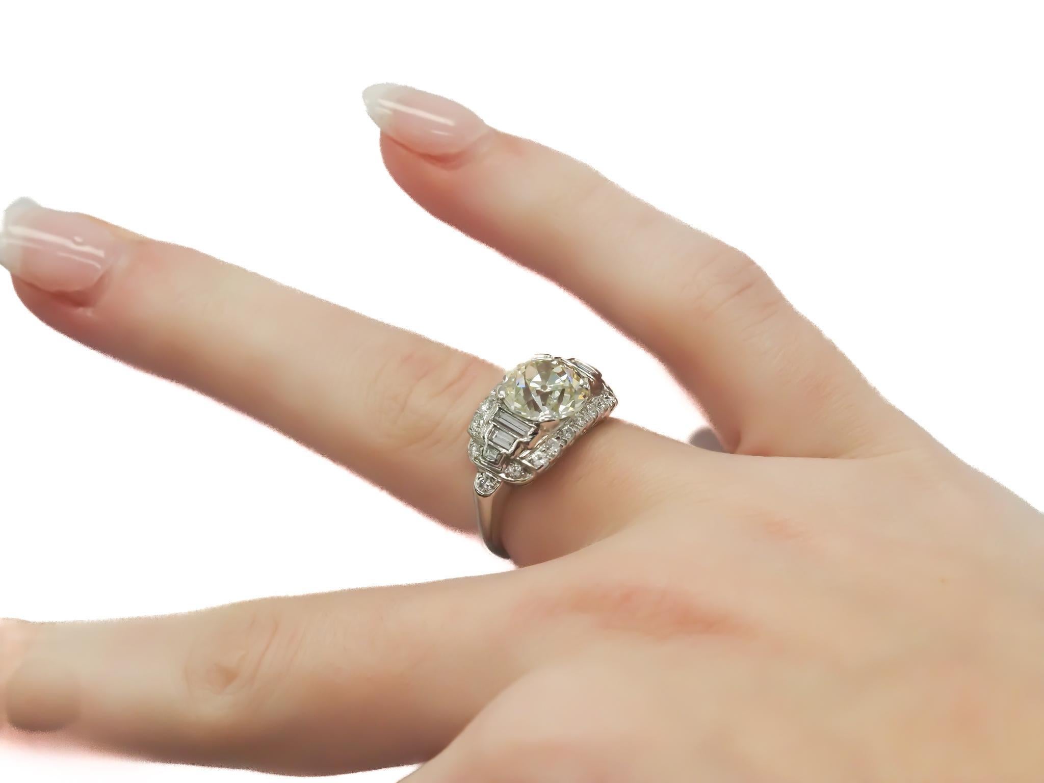 Circa 1930s Platinum GIA 3.27ct Old European Brilliant Diamond Engagement Ring For Sale 3