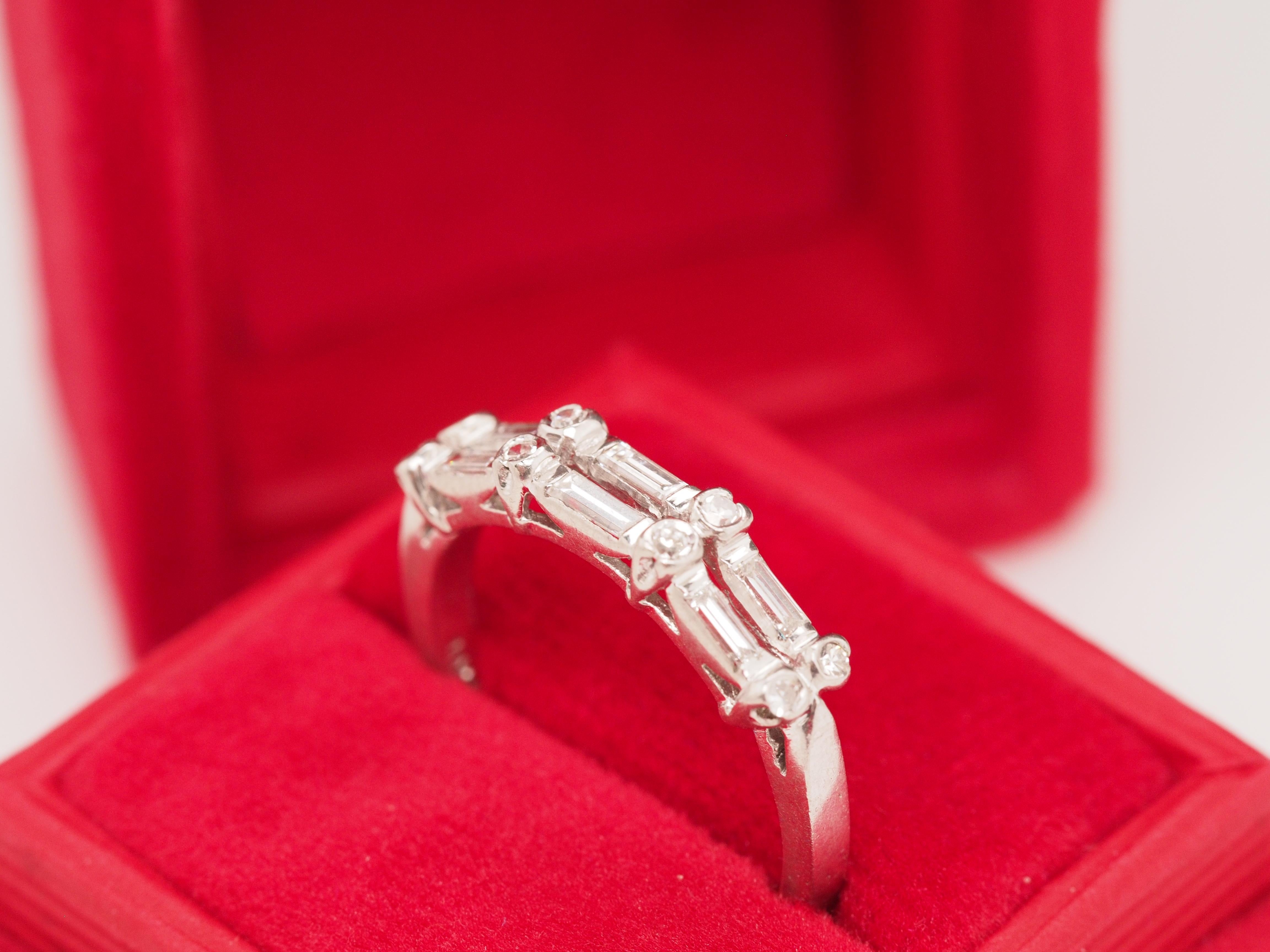 Year: 1930s
Item Details:
Ring Size: 6.75
Metal Type: Platinum [Hallmarked, and Tested]
Weight: 4.5 grams
Diamond Details: Natural Diamonds, .60ct Total weight, F Color, VS Clarity, Straight Baguette and Antique Single Cut
Band Width: 2mm
Condition:
