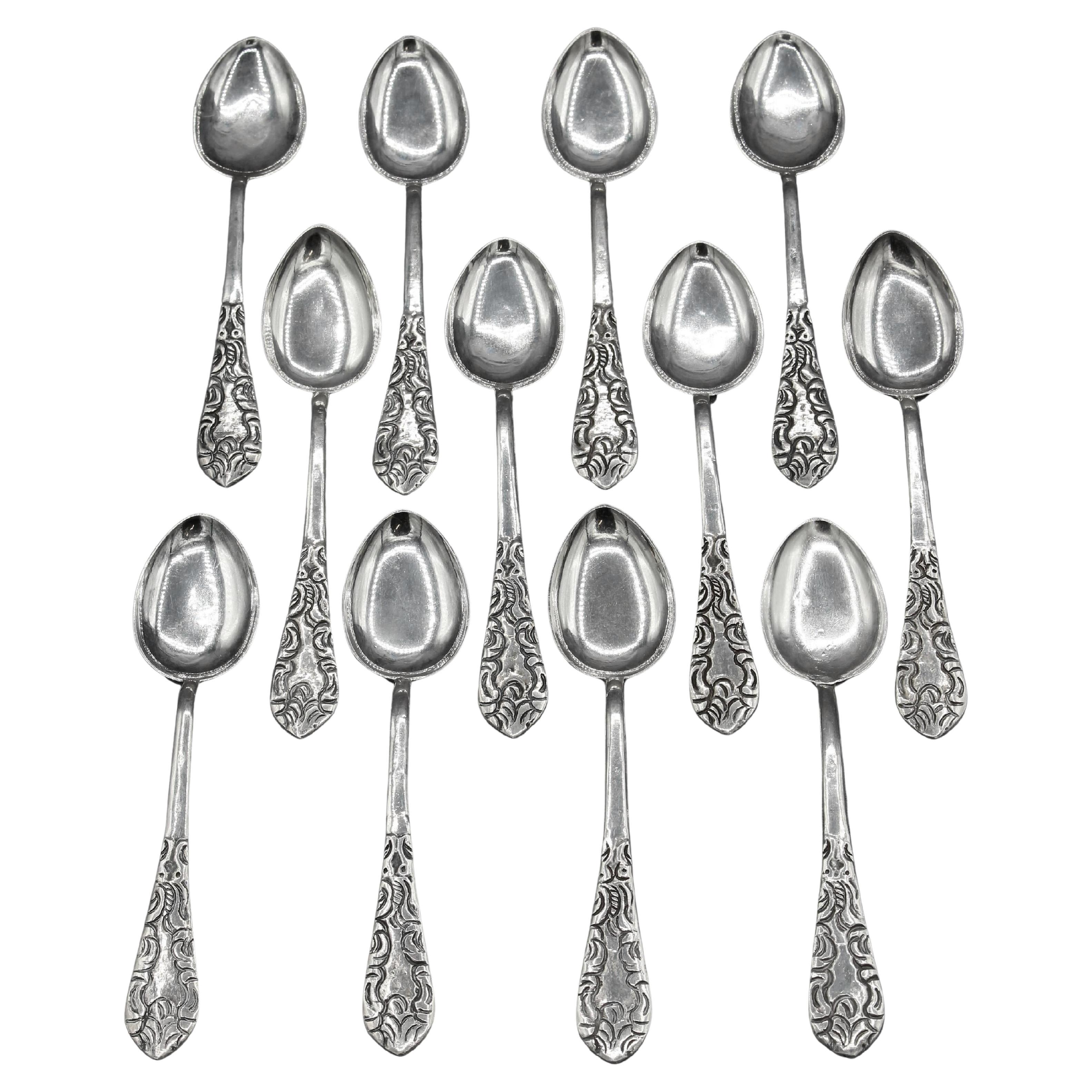 Circa 1930s Set of 12 Peruvian Sterling Silver Demitasse Spoons