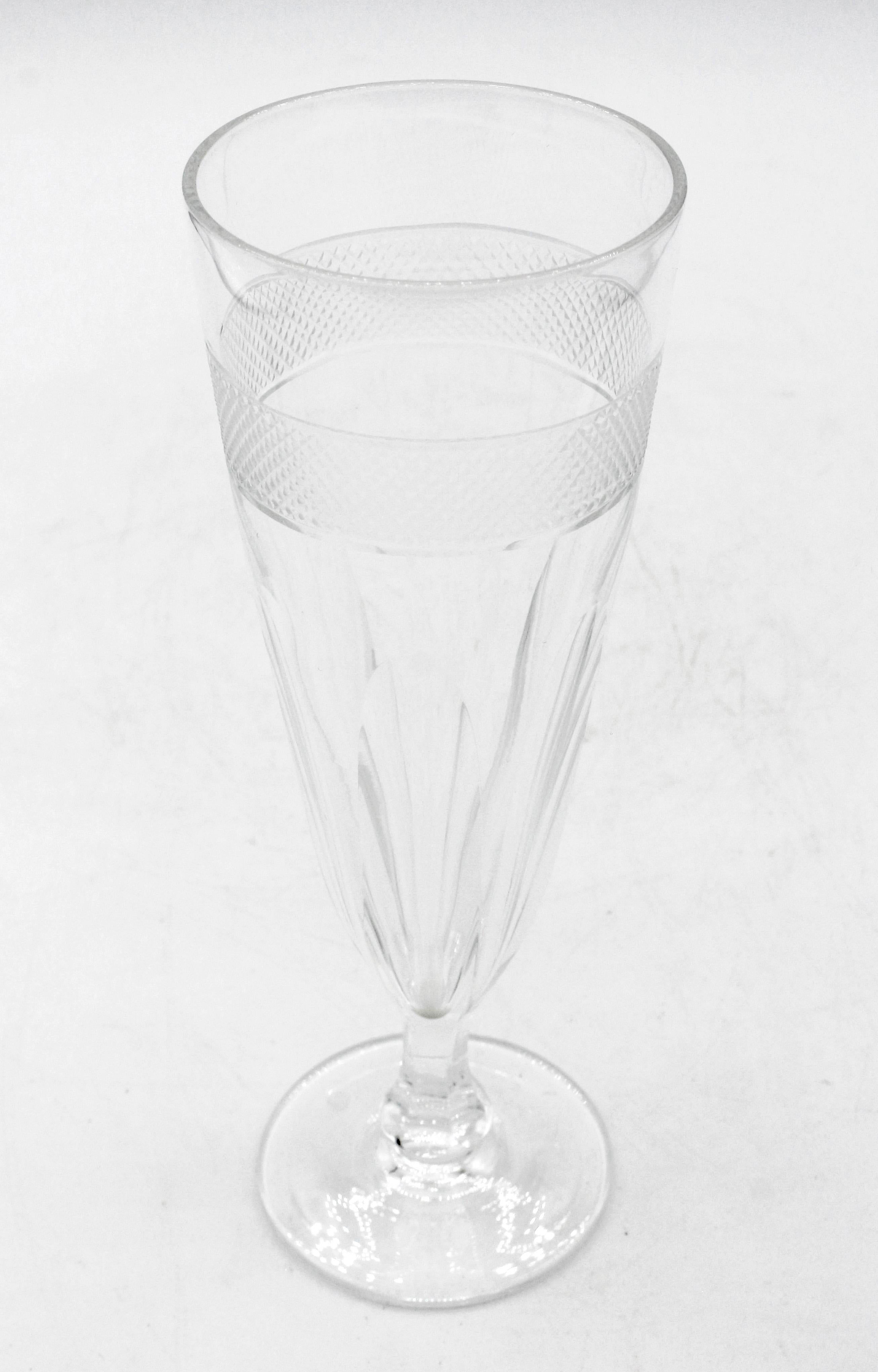 Circa 1930s Set of 6 Blown Cut Glass Champagne Flutes, Italian. Each banded in graduated square facets below diamond band.
6.75
