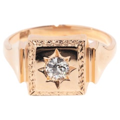 Circa 1930s Star Set Old Cut Diamond 18 Carat Rose Gold Square Top Signet Ring