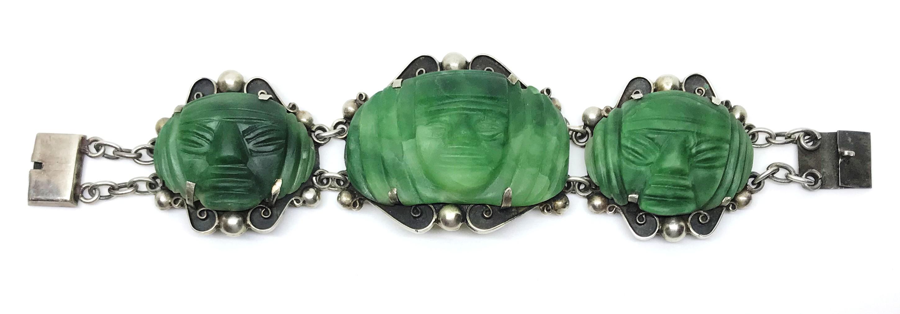 Women's Circa 1930s Sterling Silver and Carved Green Onyx Mask Bracelet For Sale