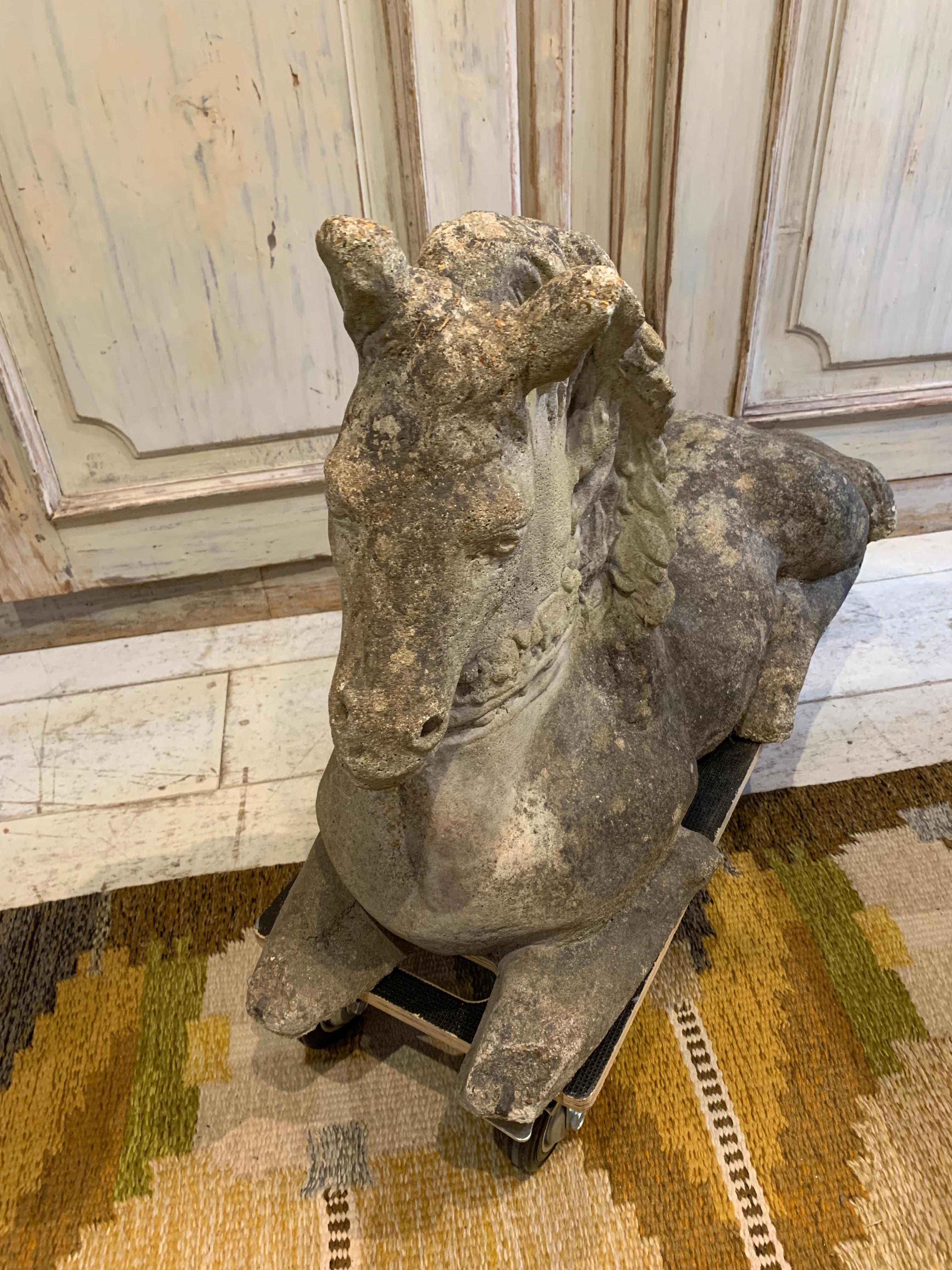 Stone Horse Garden Ornament with Bejewelled Decorative Collar, circa 1930s 1