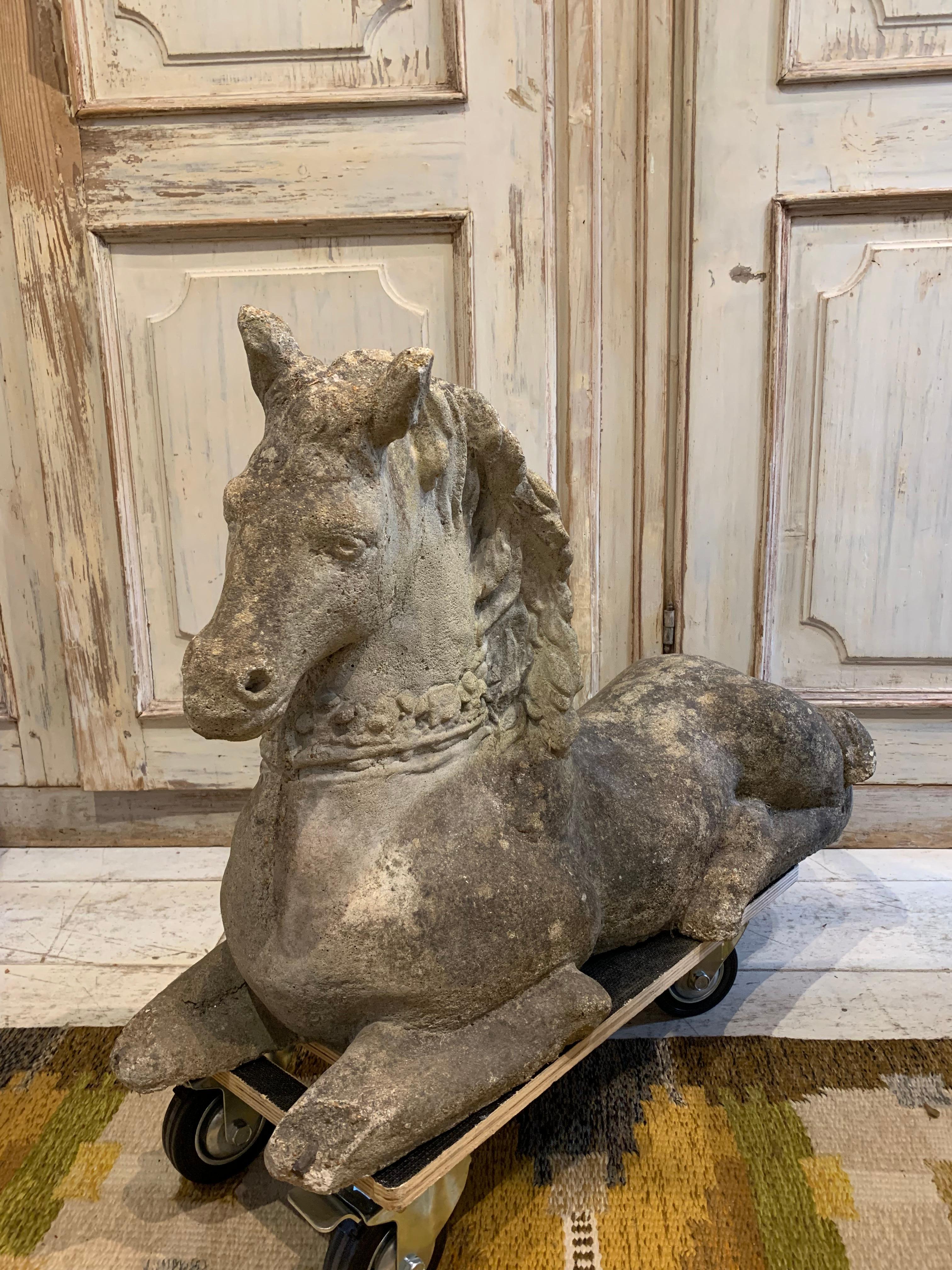 Stone Horse Garden Ornament with Bejewelled Decorative Collar, circa 1930s 5