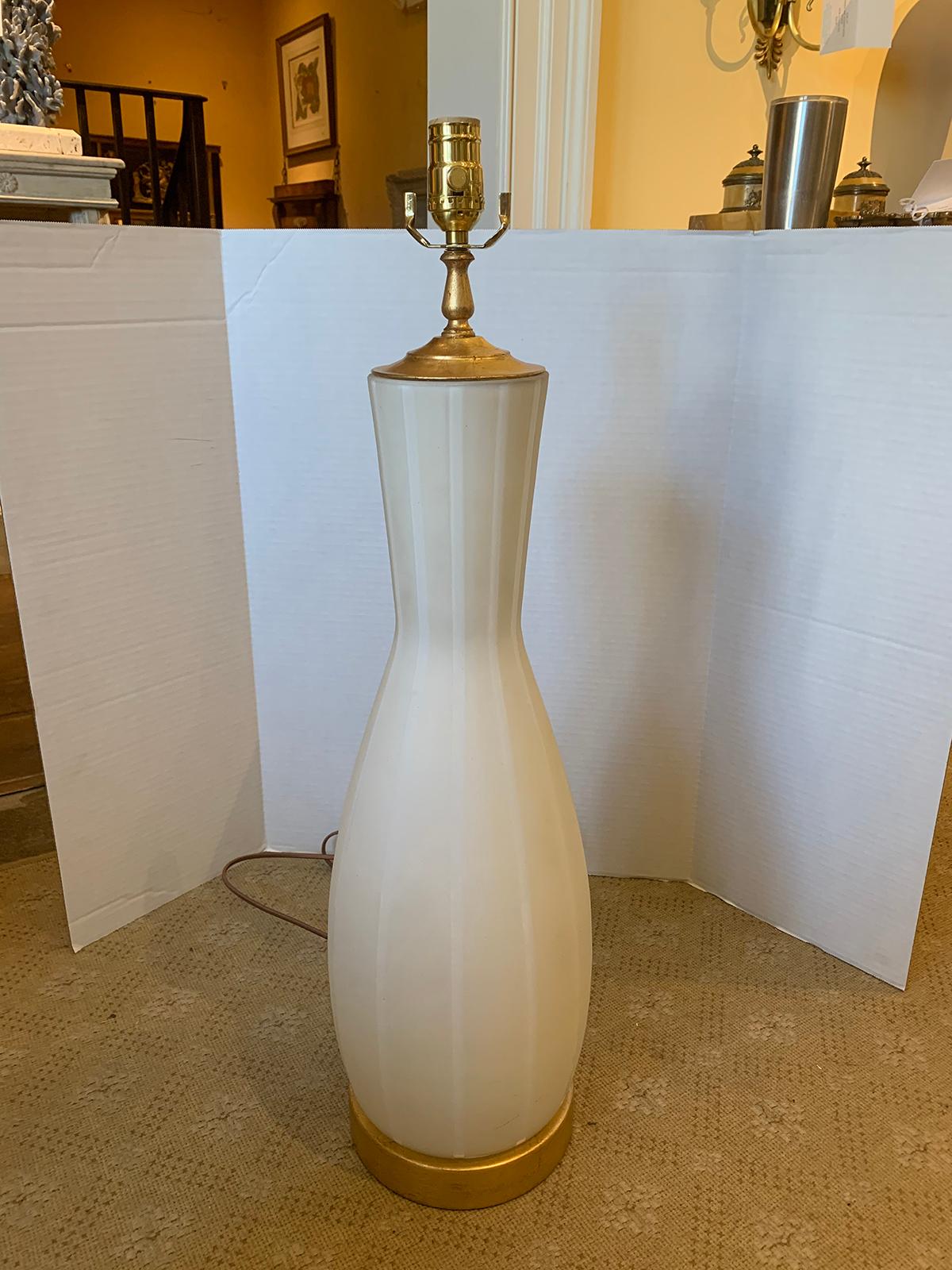 Swedish frosted glass vase as lamp on custom gilt base, circa 1930s
New wiring.