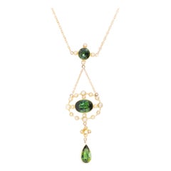 circa 1930s Tourmaline Seed Pearl Art Nouveau Collar de oro rosa amarillo de 15 quilates