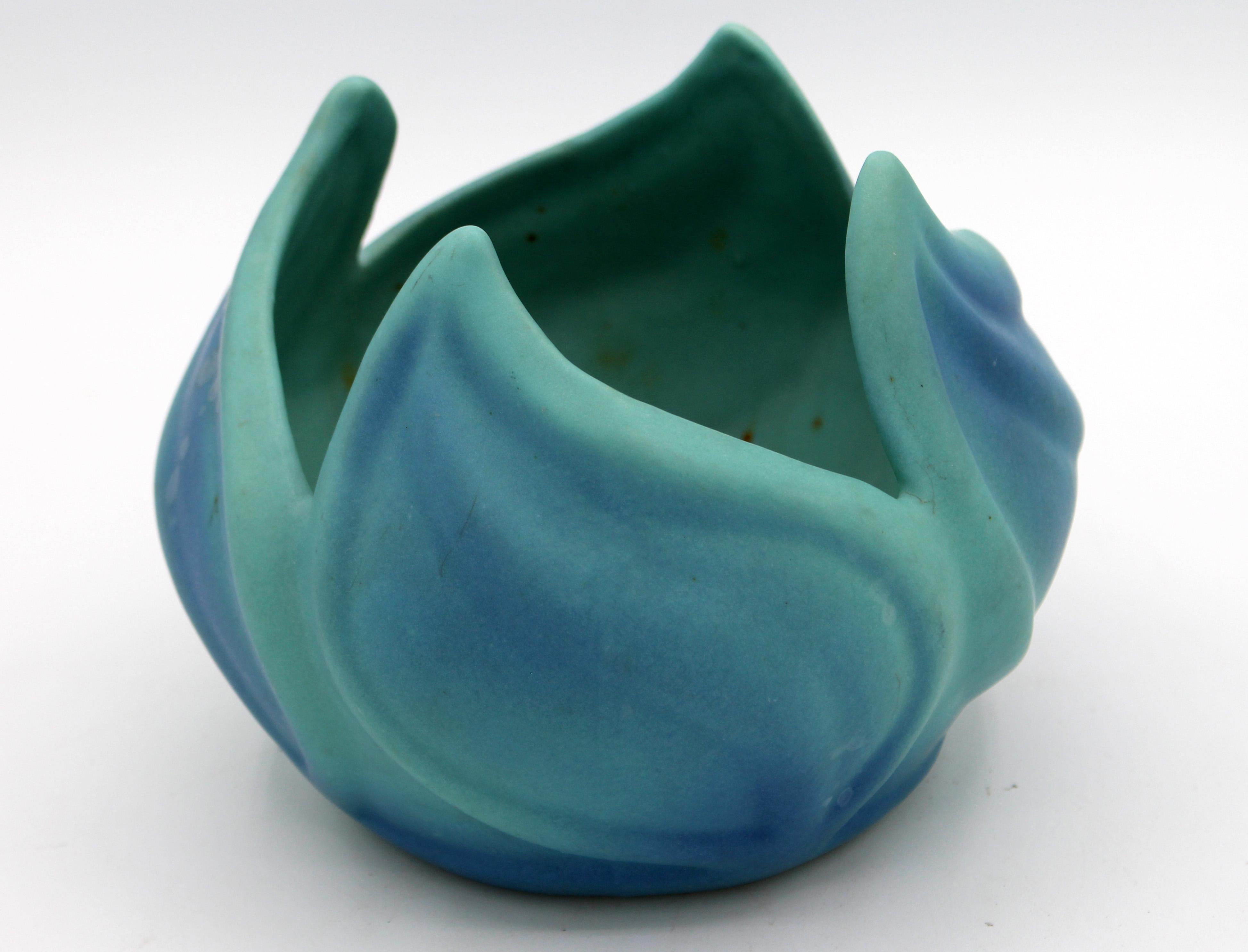 Circa 1930s Van Briggle, Colorado Springs pottery bowl. Soft blues, swirling leaves. Incision artist unknown, working in 1930s-early '40s (note the 