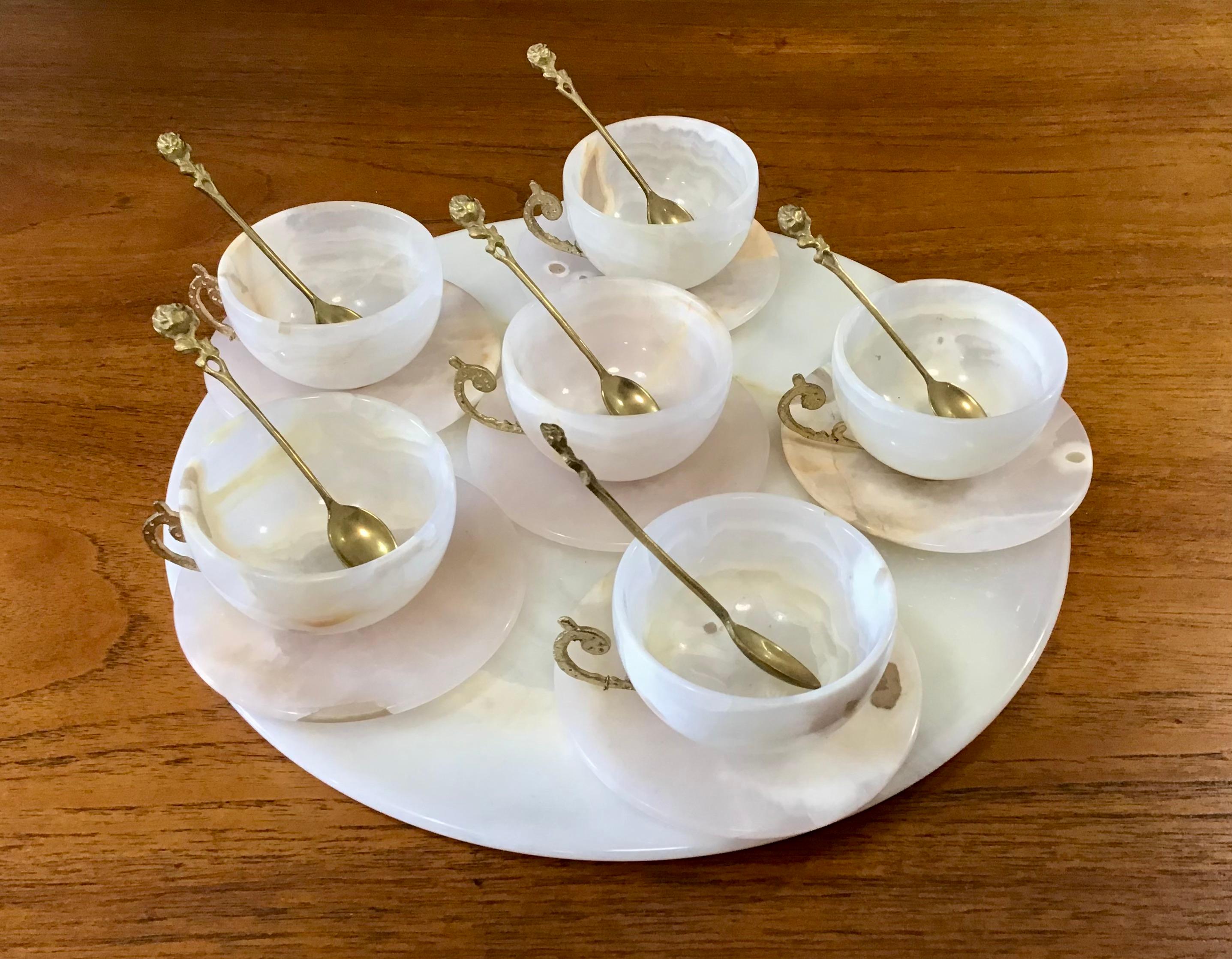 Circa 1930s Vintage White Agate Tea Cup, Saucer and Tray Set - 19 Pieces For Sale 4