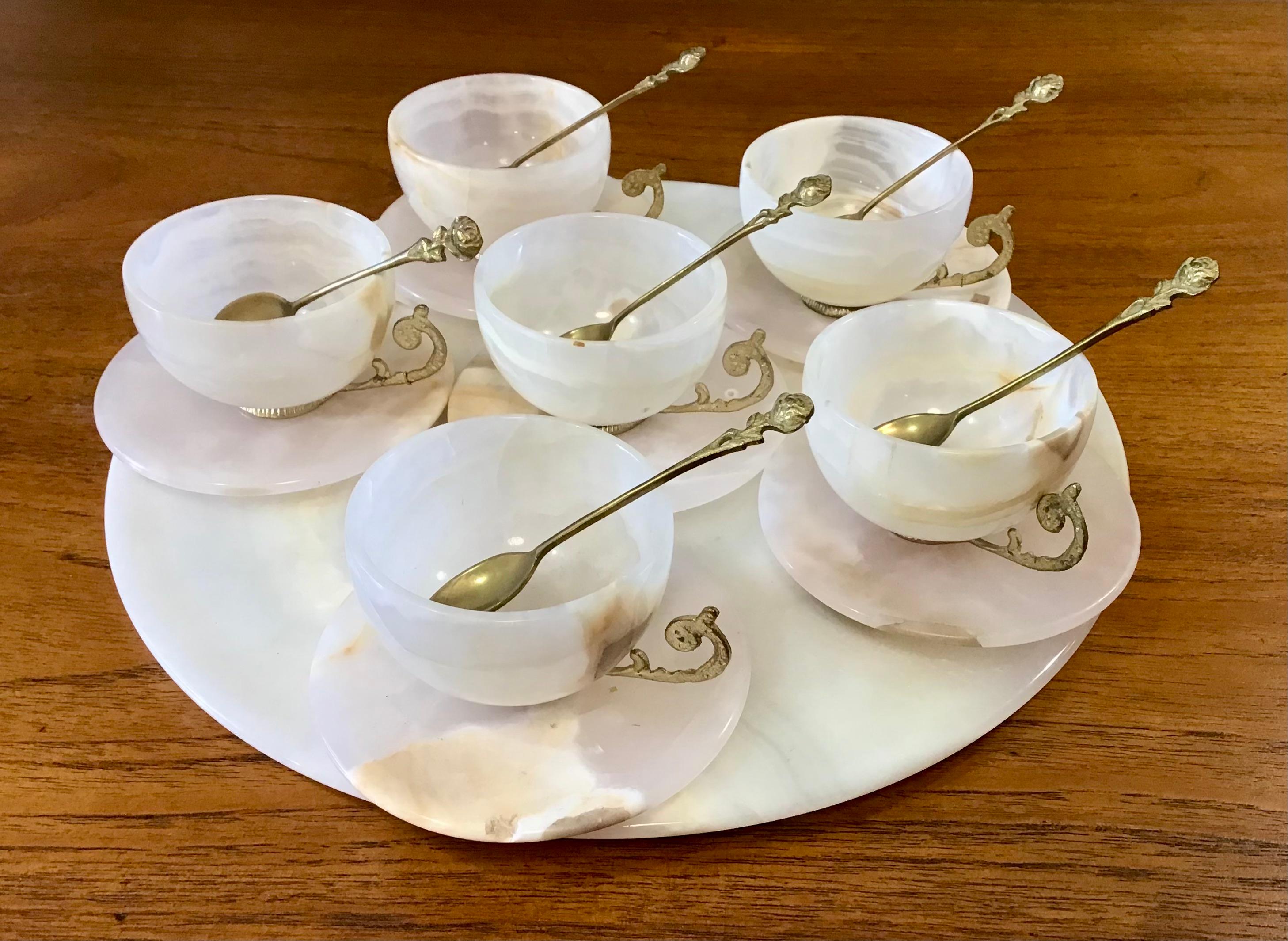 Circa 1930s Vintage White Agate Tea Cup, Saucer and Tray Set - 19 Pieces For Sale 5