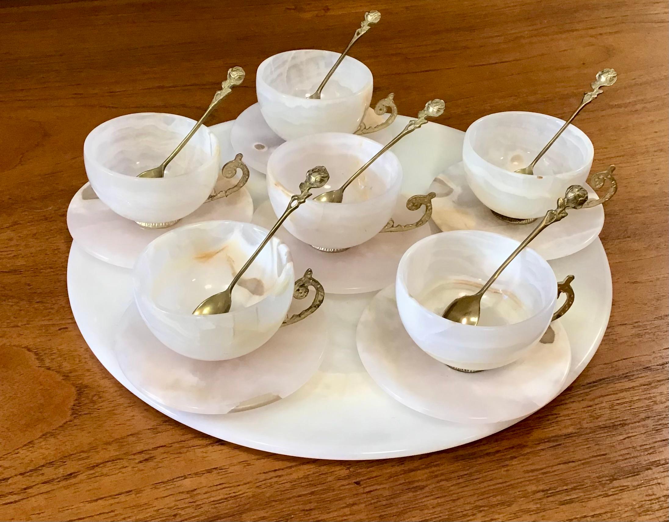 Art Nouveau Circa 1930s Vintage White Agate Tea Cup, Saucer and Tray Set - 19 Pieces For Sale