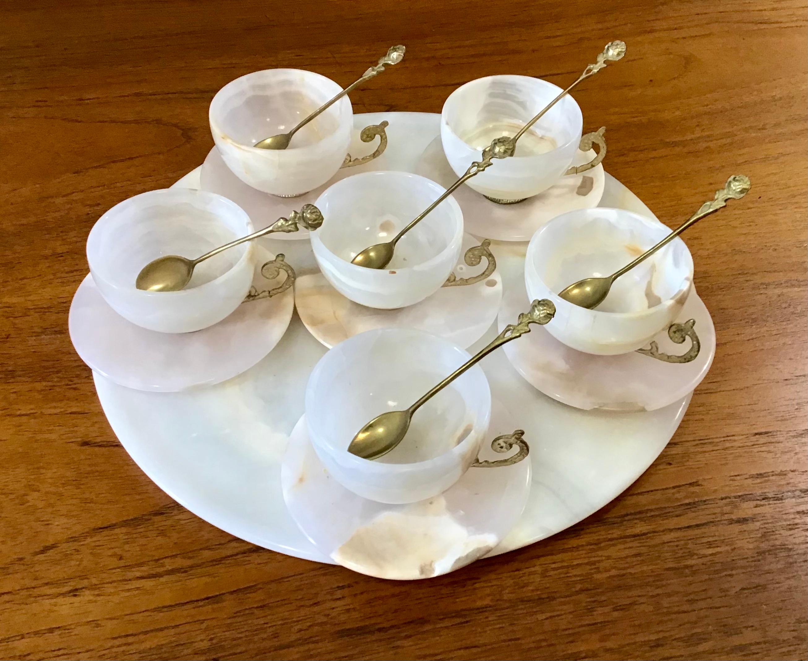 Mid-20th Century Circa 1930s Vintage White Agate Tea Cup, Saucer and Tray Set - 19 Pieces For Sale