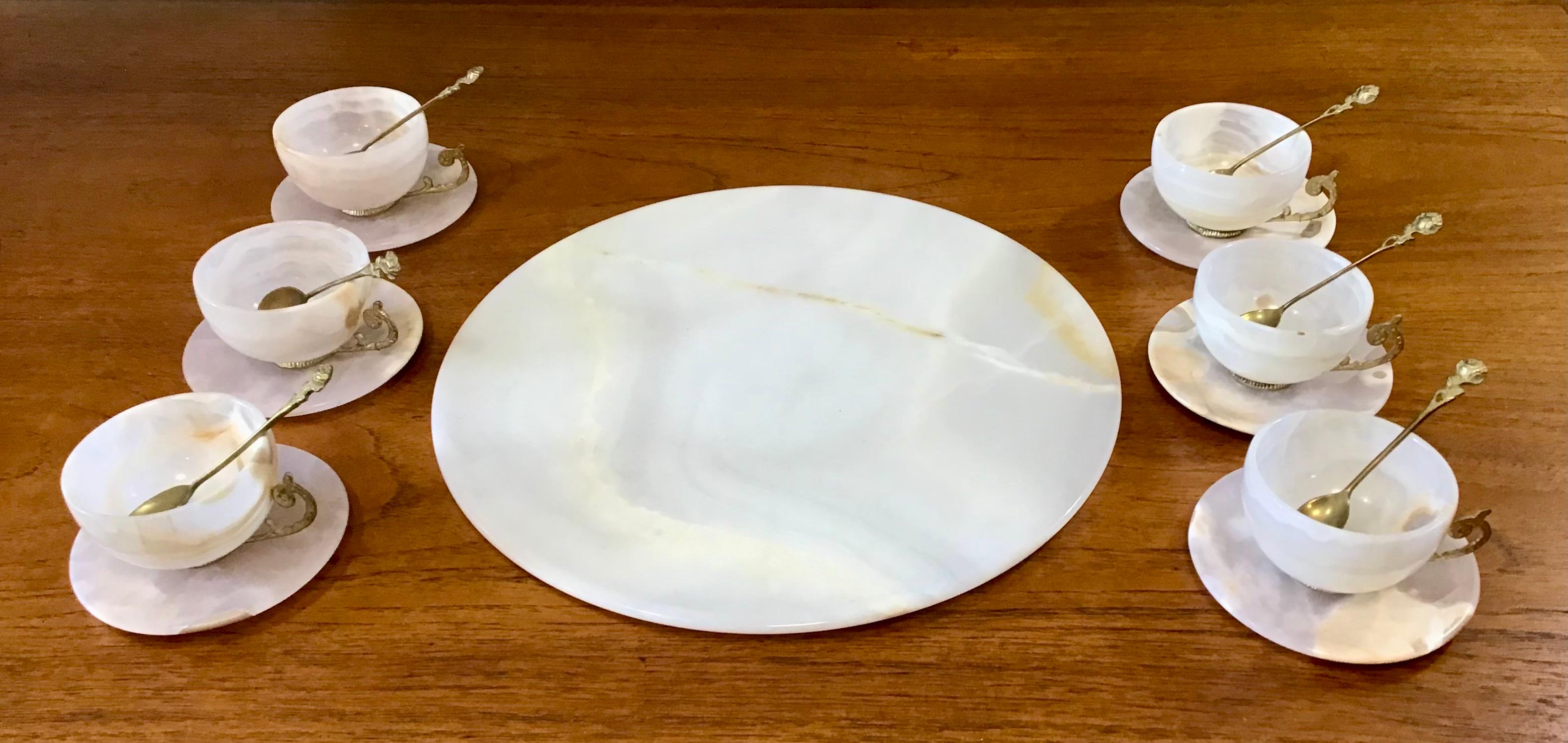 Circa 1930s Vintage White Agate Tea Cup, Saucer and Tray Set - 19 Pieces For Sale 1