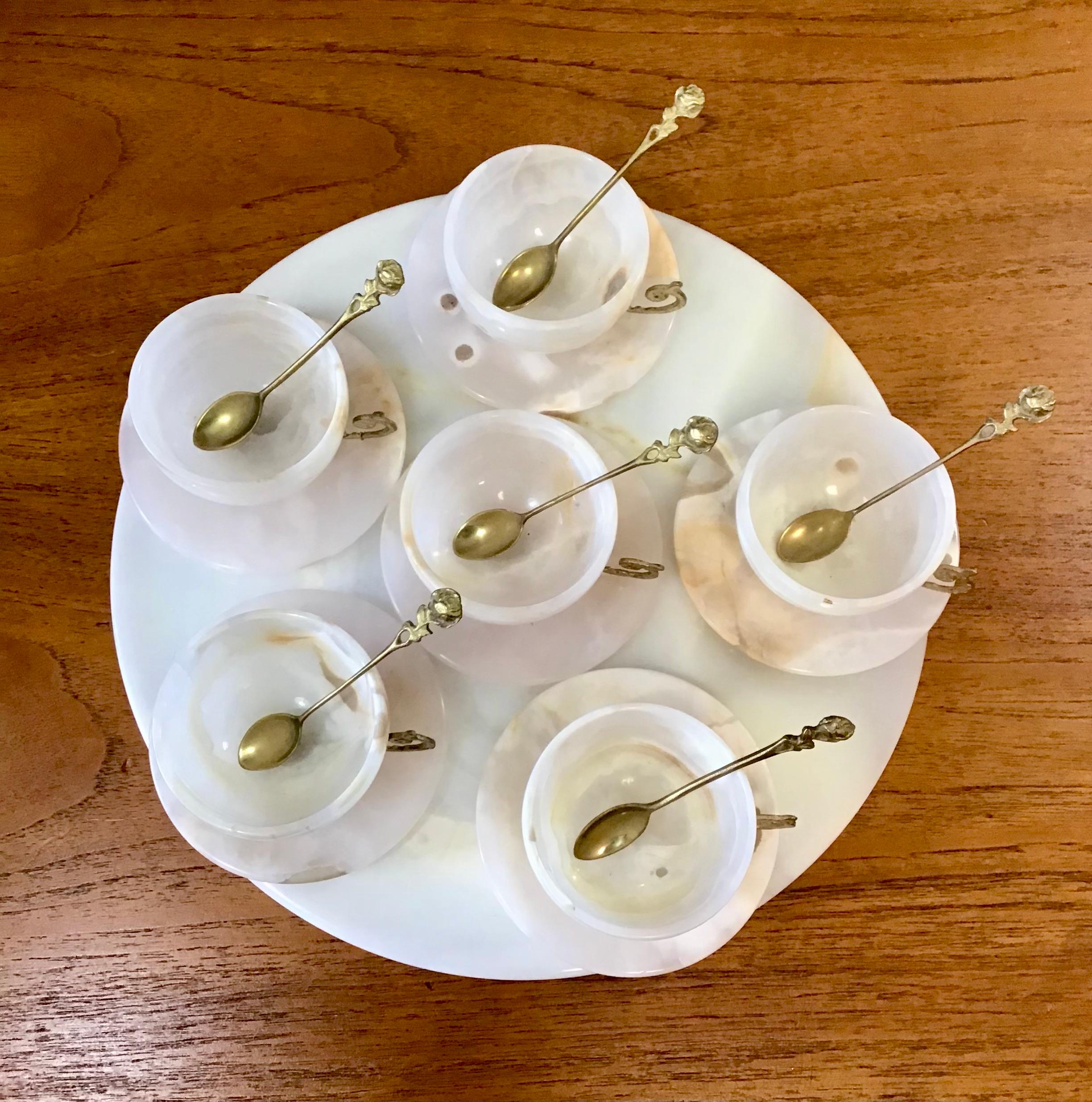 Circa 1930s Vintage White Agate Tea Cup, Saucer and Tray Set - 19 Pieces For Sale 2