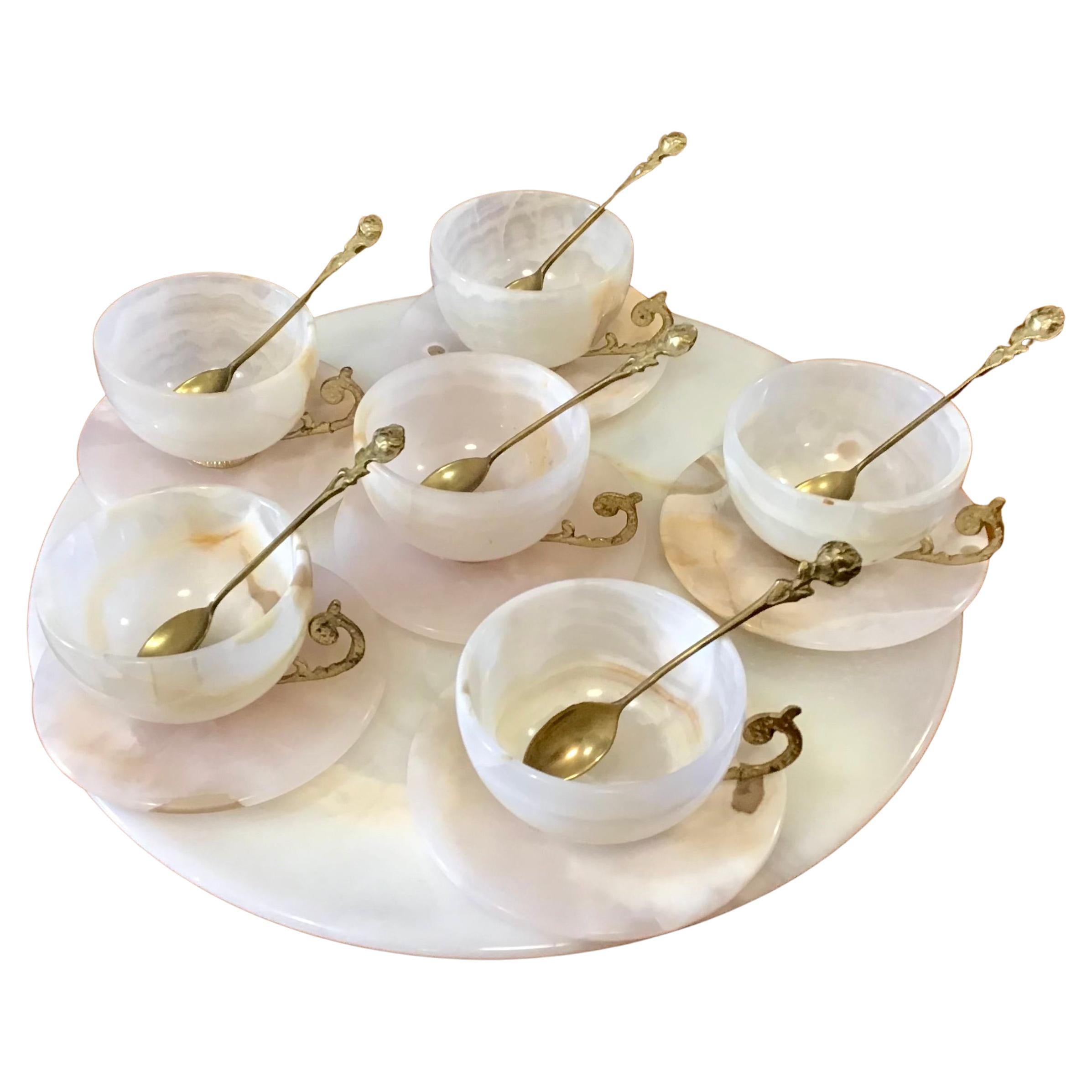 Circa 1930s Vintage White Agate Tea Cup, Saucer and Tray Set - 19 Pieces For Sale