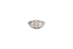 Vintage White Gold Three-Stone Diamond Filigree Engagement Ring, circa 1930s