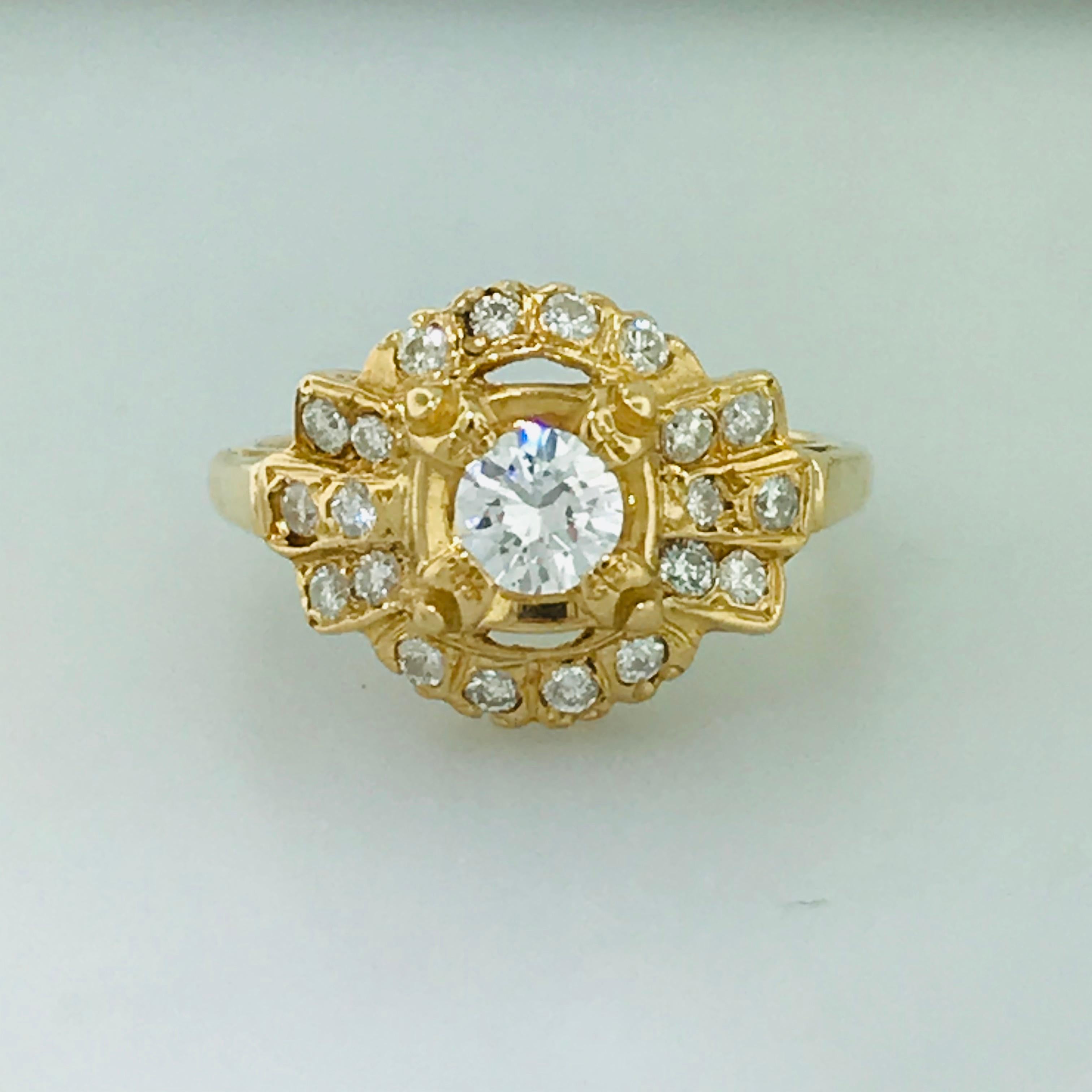A Rare Find - CIRCA 1935 Diamond Engagement Ring in Great Condition! 
This Estate, vintage engagement ring has a beautiful setting that is very unique. With a round diamond set in the center, framed by a round diamond 