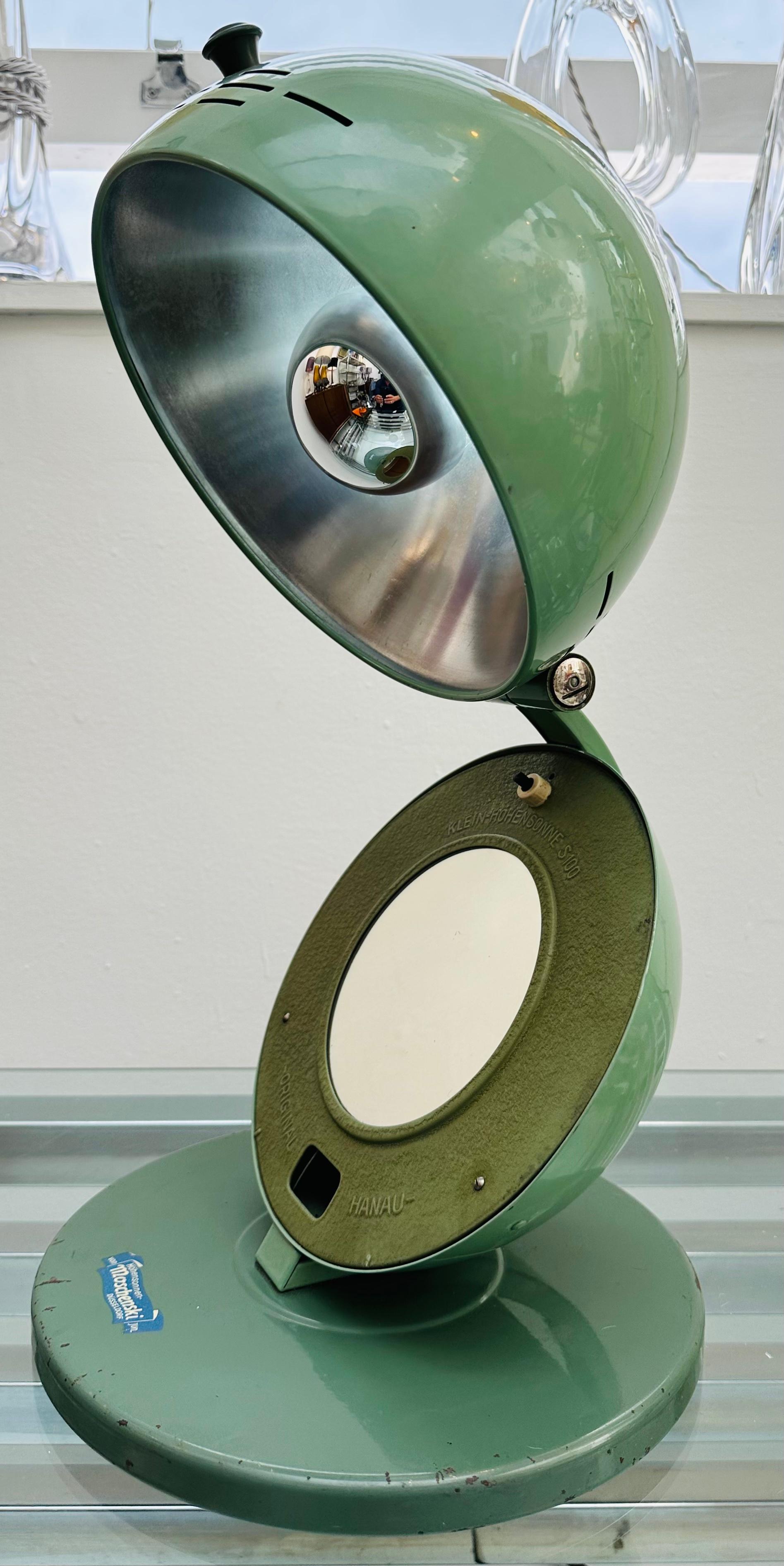 Brass Circa 1935 Original Hanau Bauhaus Spherical Green Lacquered Mirrored Table Lamp