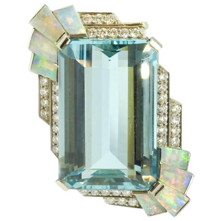 Circa 1935 Raymond Yard and Aquamarine, Opal & Diamond Clip Pin  For Sale