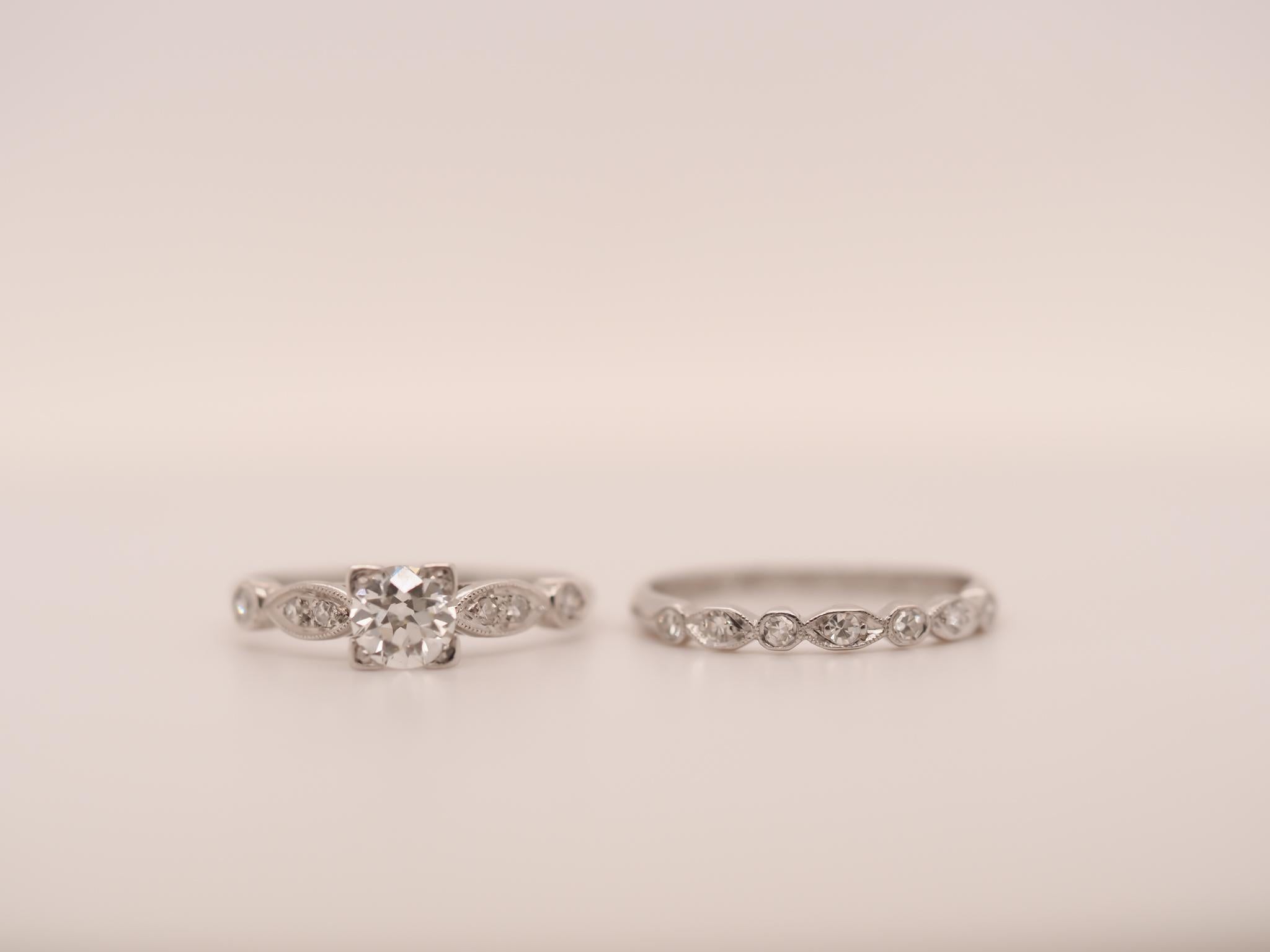 Circa 1938 Engraved Art Deco Platinum Engagement Ring and Band For Sale 4
