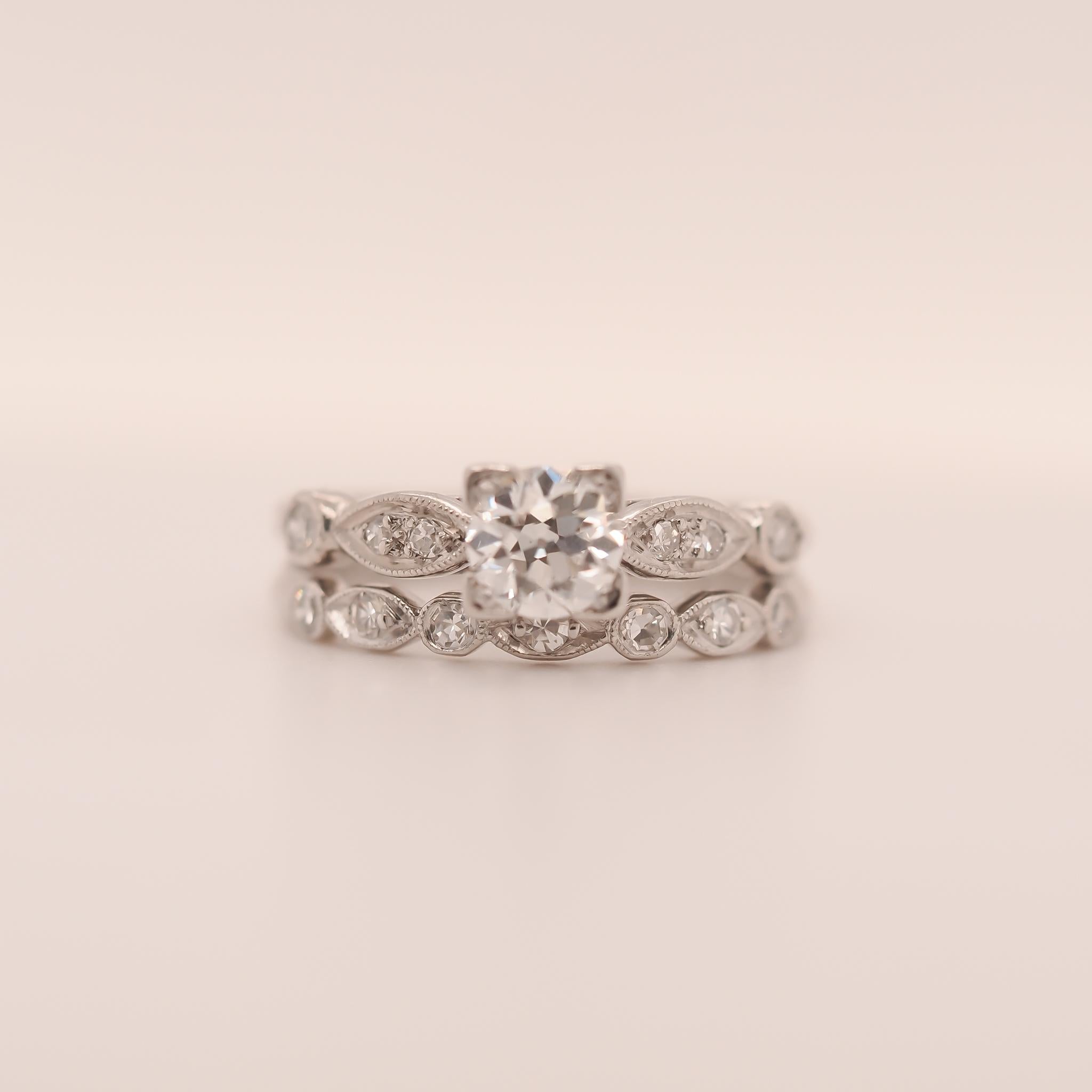 Circa 1938 Engraved Art Deco Platinum Engagement Ring and Band For Sale 5