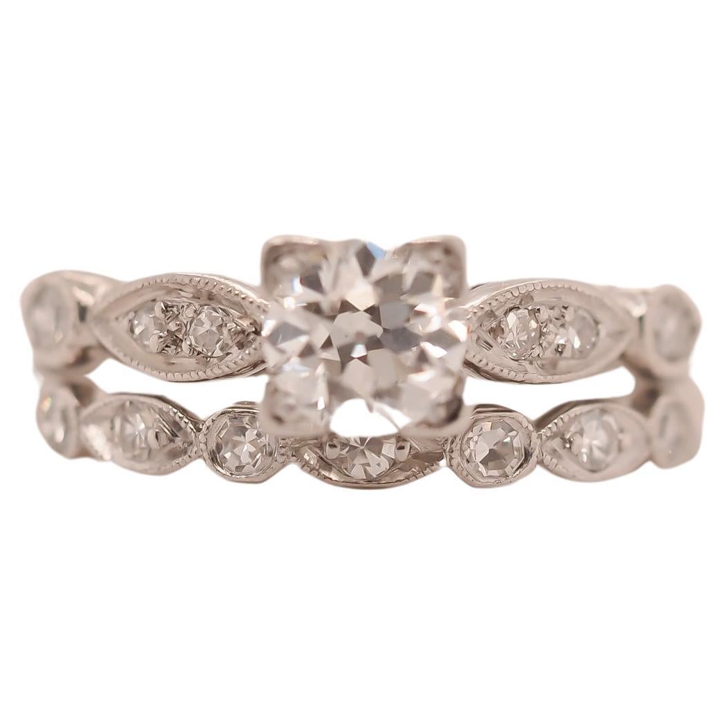 Circa 1938 Engraved Art Deco Platinum Engagement Ring and Band For Sale