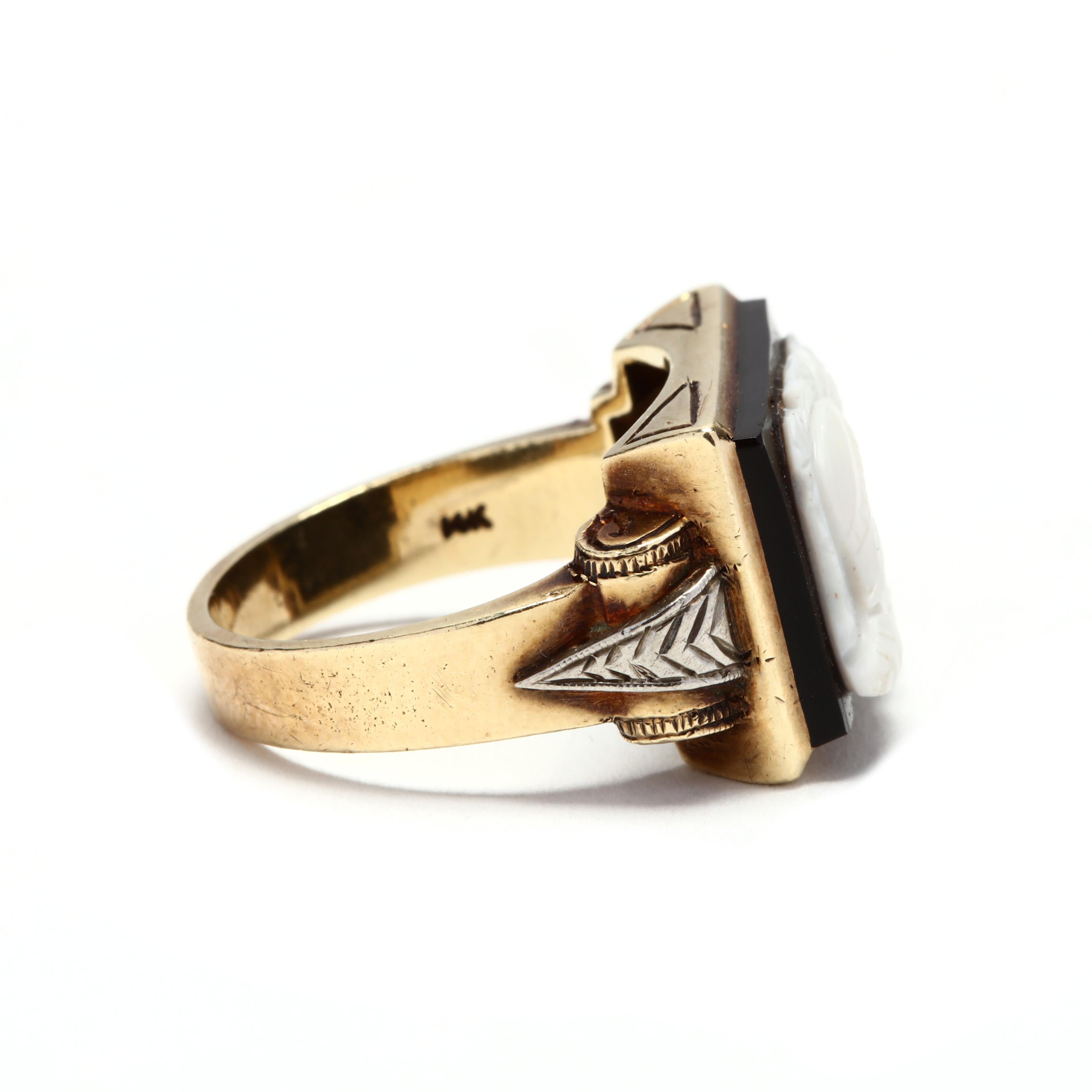 14 Karat Yellow and White Gold Sardonyx Roman Soldier Cameo Ring circa 1940 at 1stDibs