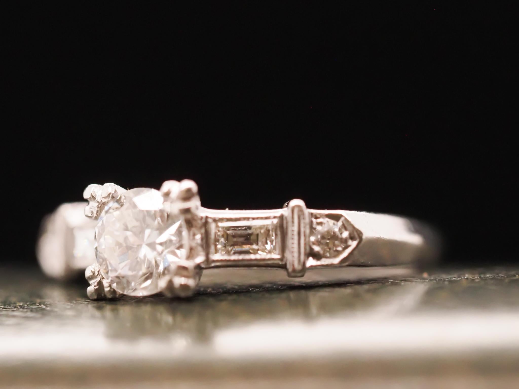 Circa 1940 Art Deco Platinum .52ct Old European Cut Diamond Engagement Ring For Sale 2