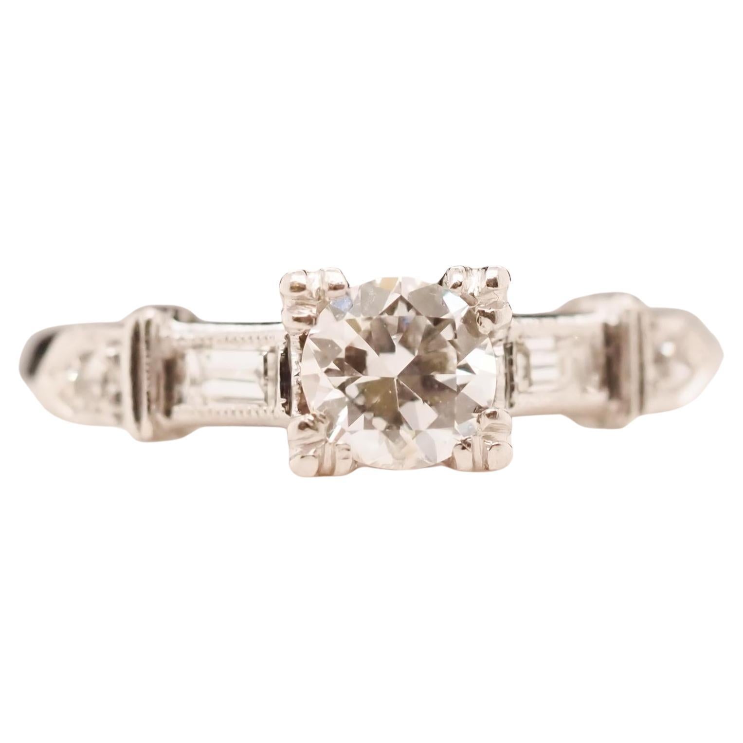 Circa 1940 Art Deco Platinum .52ct Old European Cut Diamond Engagement Ring For Sale