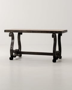 Circa 1940 Black Wrought Iron Coffee Table With Wood Top