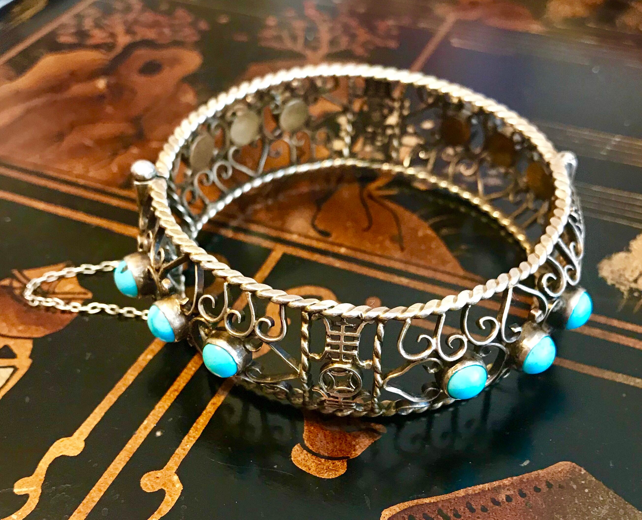 Women's Circa 1940 Chinese Gold, Sterling and Turquoise Bangle For Sale