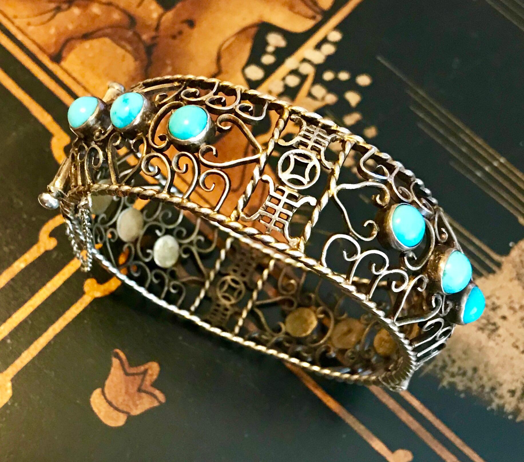 Circa 1940 Chinese Gold, Sterling and Turquoise Bangle For Sale 1