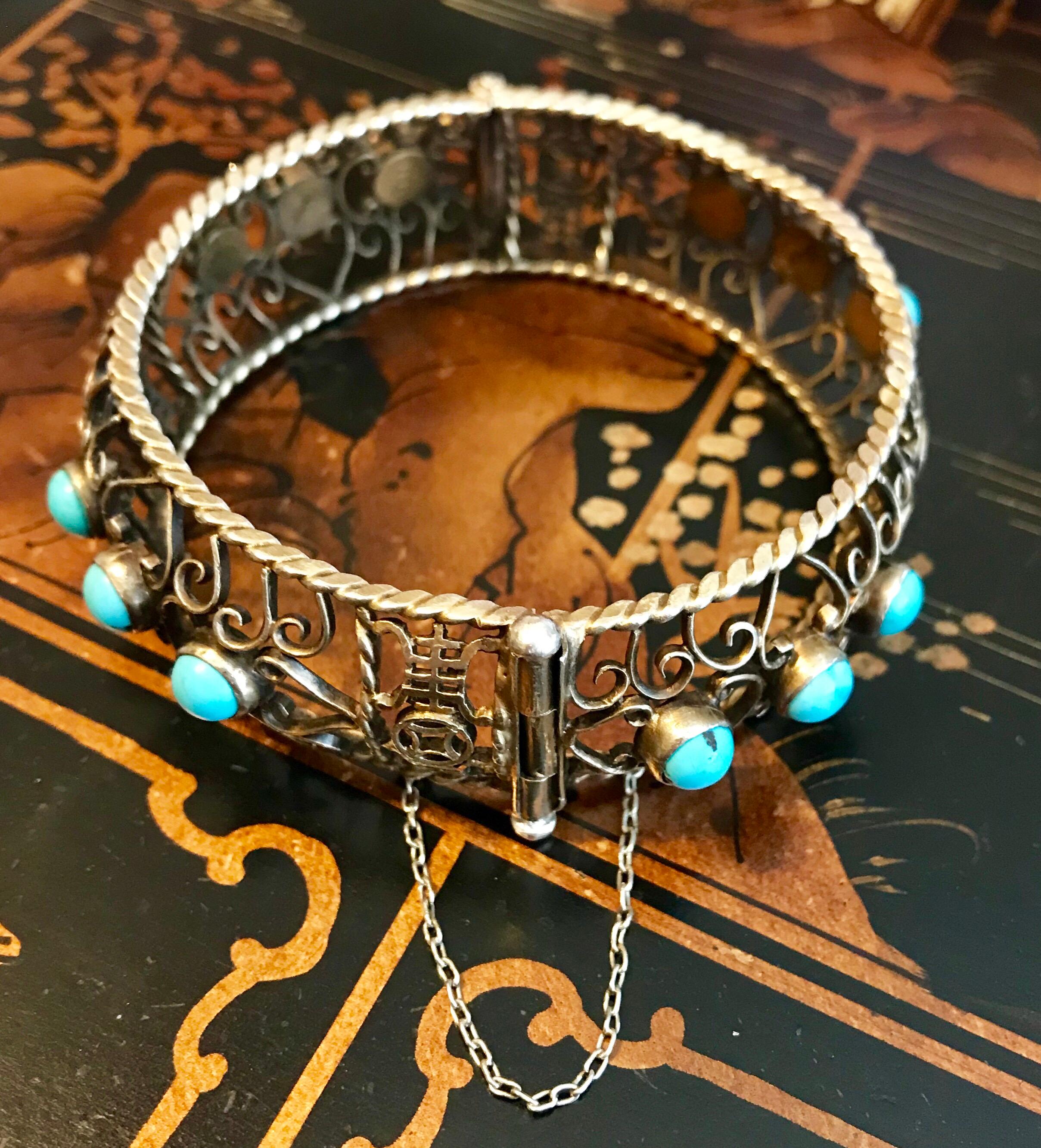 Circa 1940 Chinese Gold, Sterling and Turquoise Bangle For Sale 2