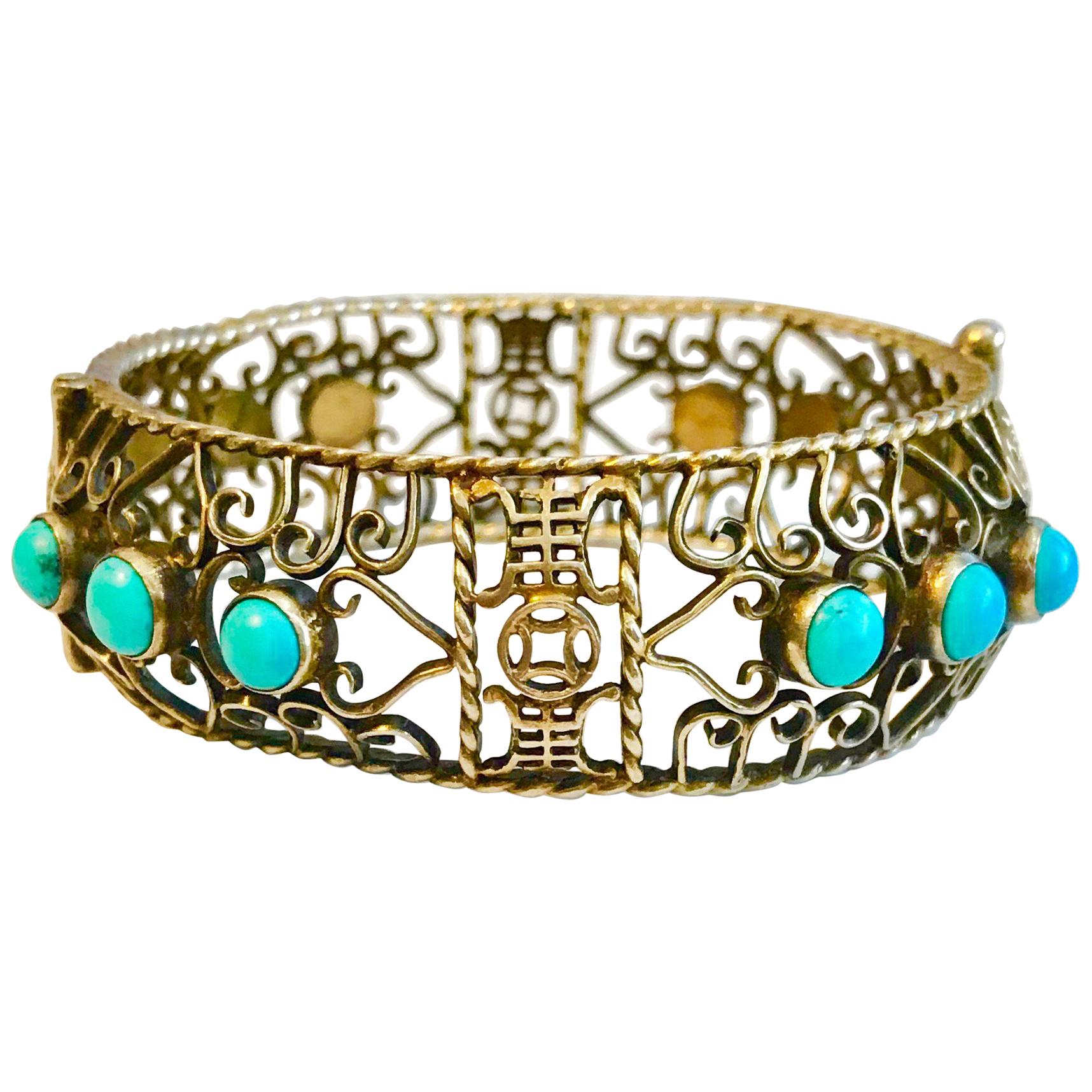 Circa 1940 Chinese Gold, Sterling and Turquoise Bangle For Sale