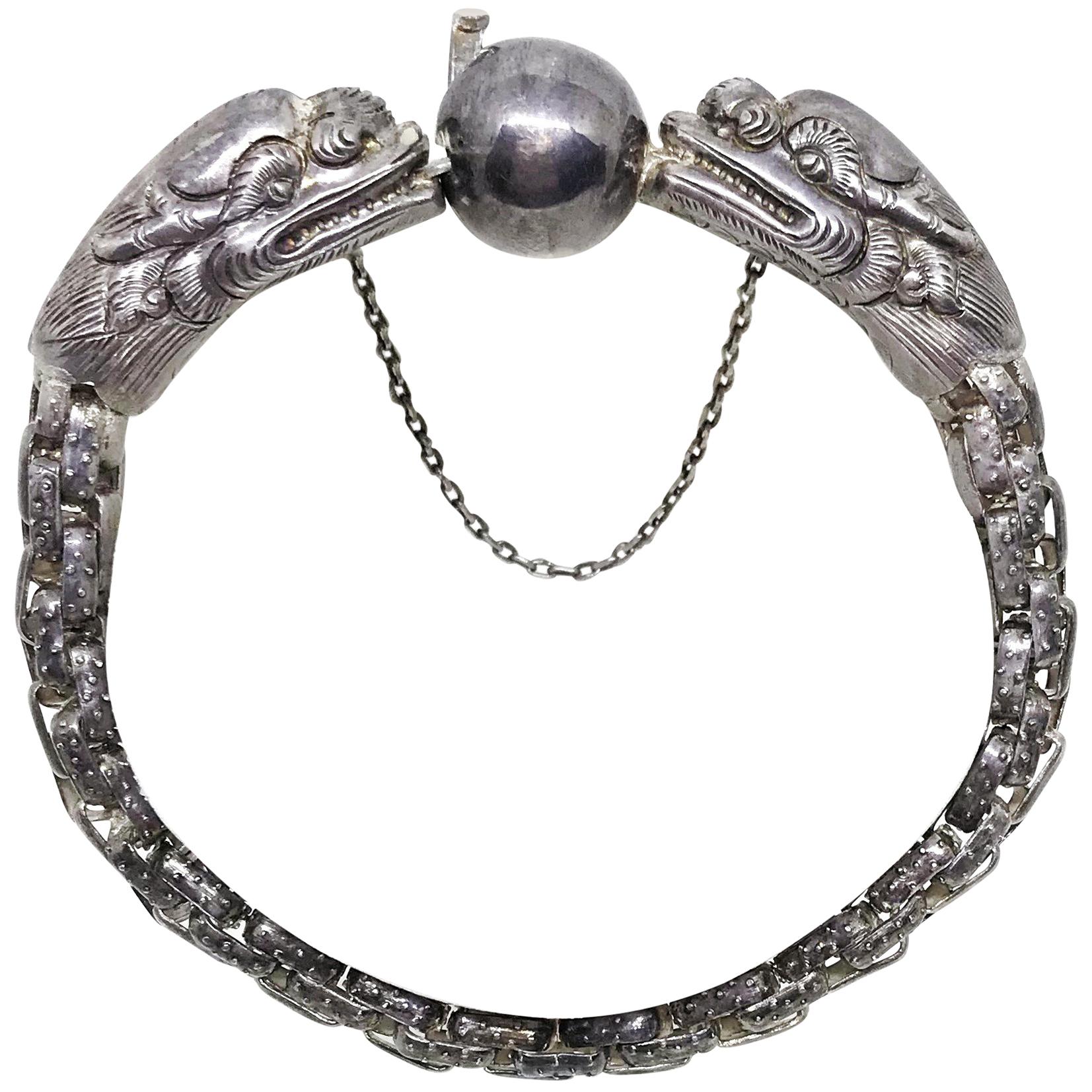 Circa 1940 Chinese Sterling Dragon Bracelet For Sale