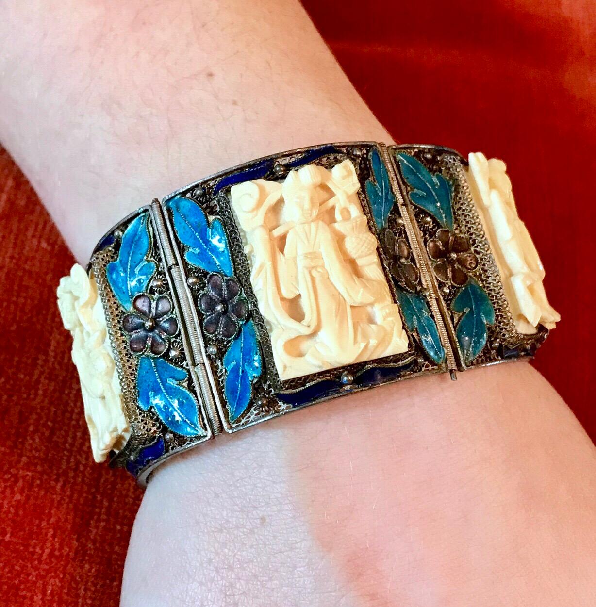 Women's or Men's Circa 1940 Chinese Sterling, Enamel and Ox Bone Bracelet For Sale