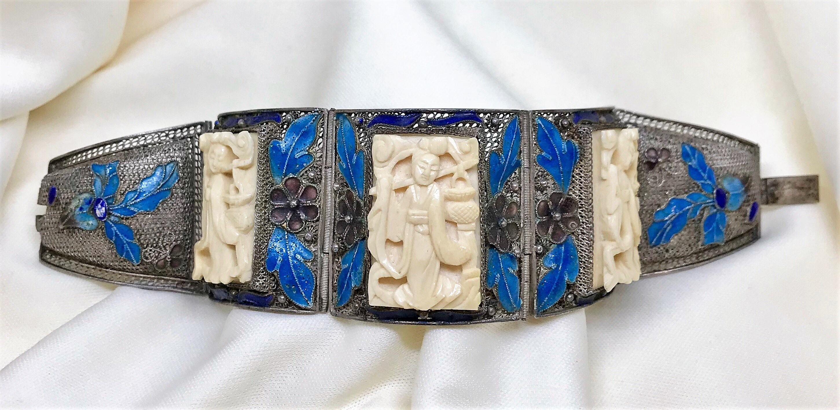 Circa 1940 Chinese Sterling, Enamel and Ox Bone Bracelet For Sale 1