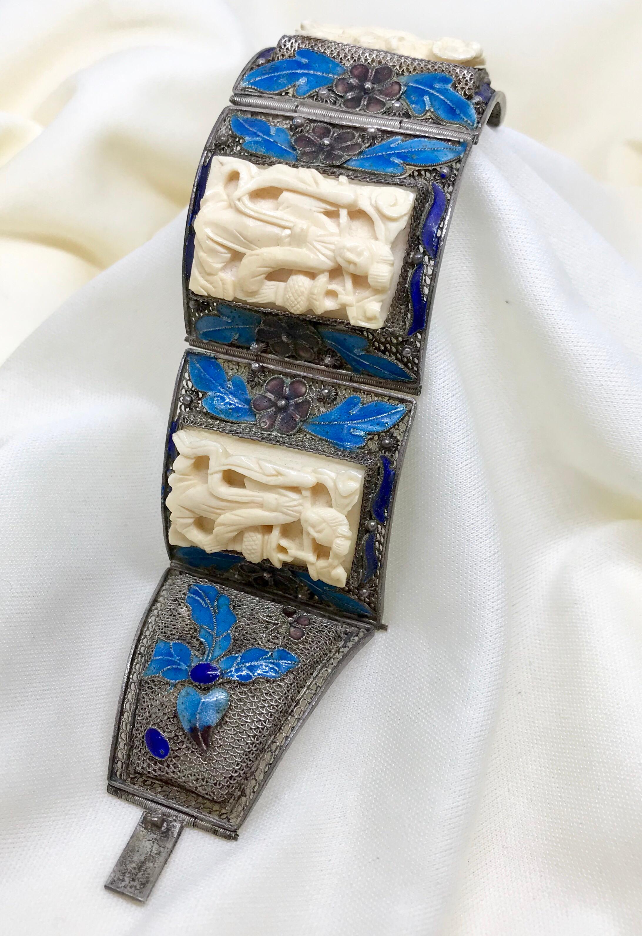 Circa 1940 Chinese Sterling, Enamel and Ox Bone Bracelet For Sale 2