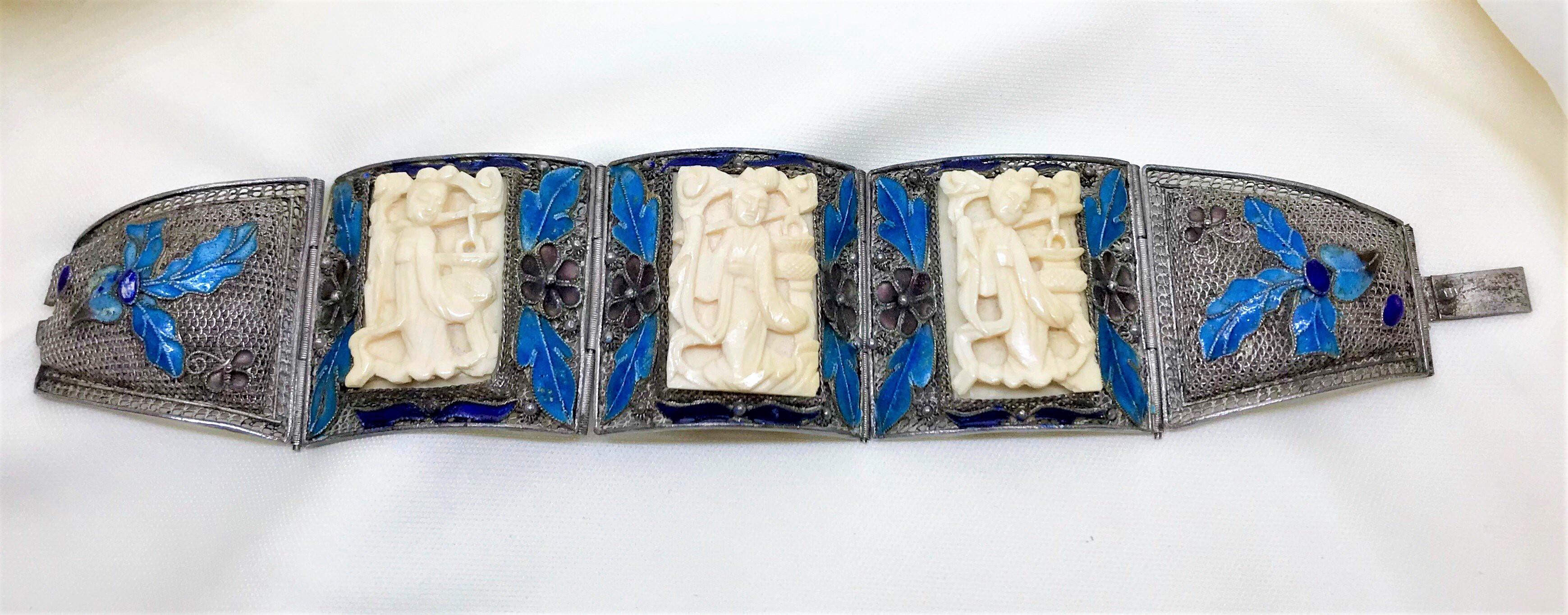 Circa 1940 Chinese Sterling, Enamel and Ox Bone Bracelet For Sale 3