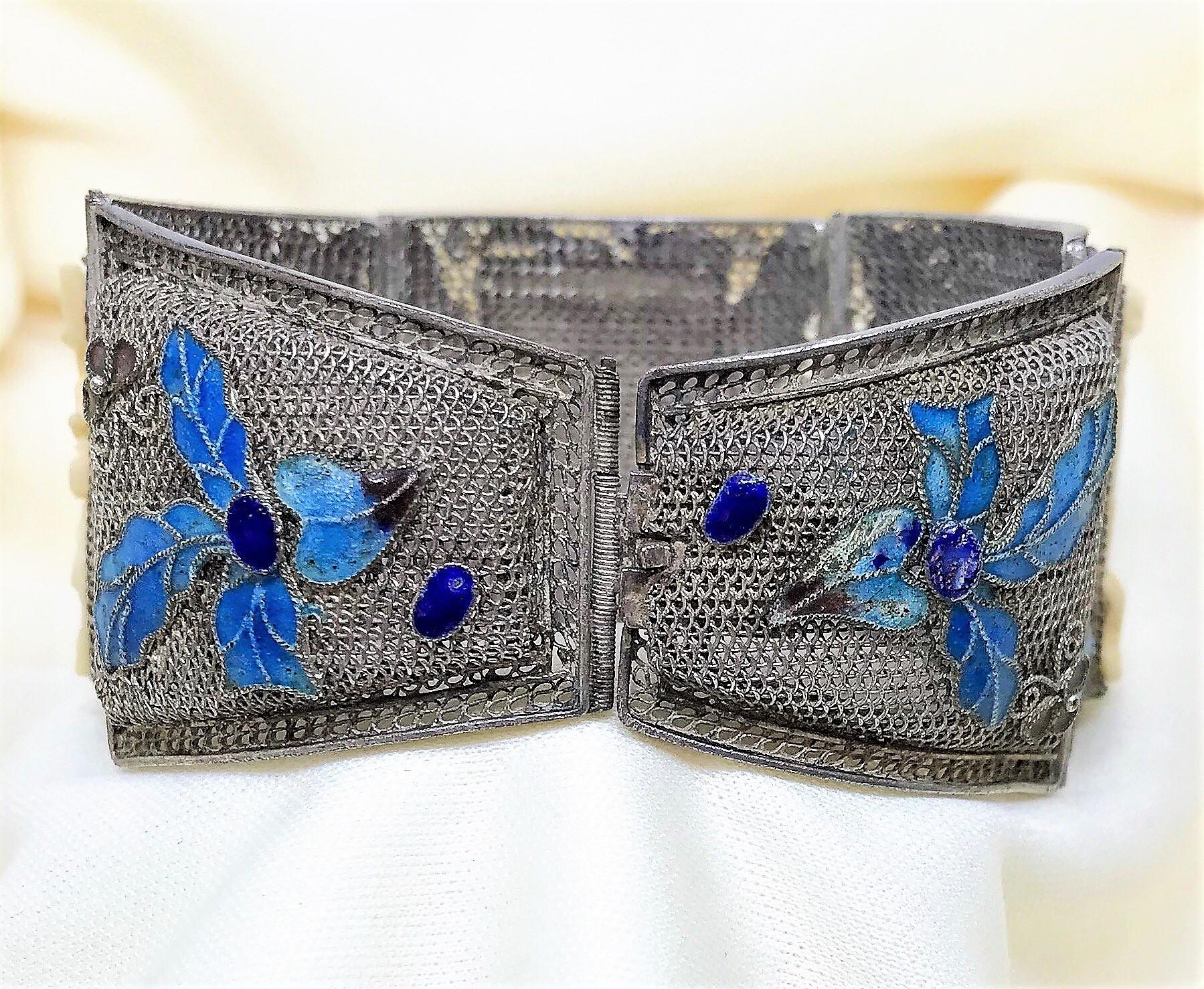 Circa 1940 Chinese Sterling, Enamel and Ox Bone Bracelet For Sale 5