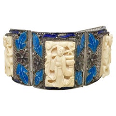 Circa 1940 Chinese Sterling, Enamel and Ox Bone Bracelet