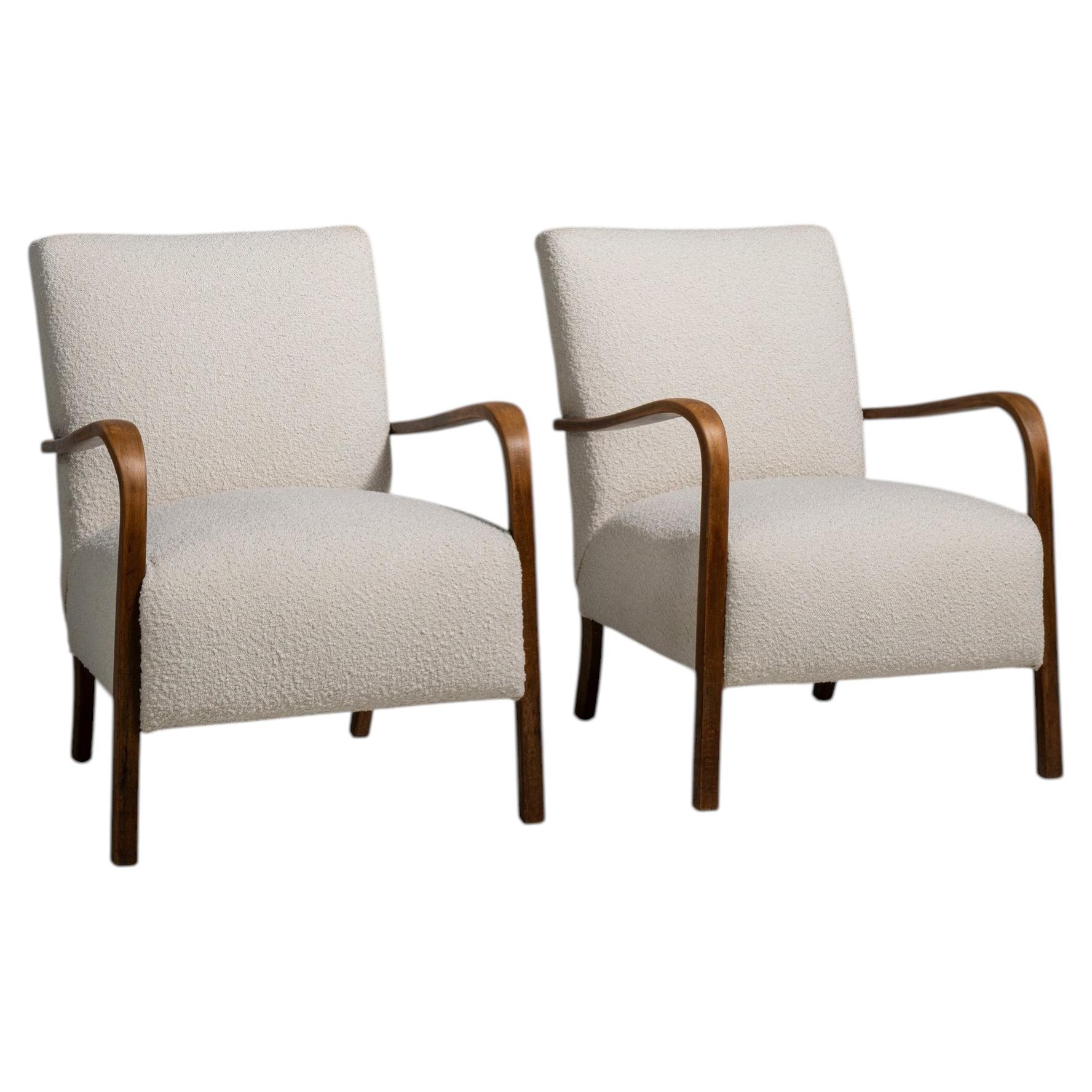 Circa 1940 Cream Wood Pair of Art Deco Upholstered Armchairs
