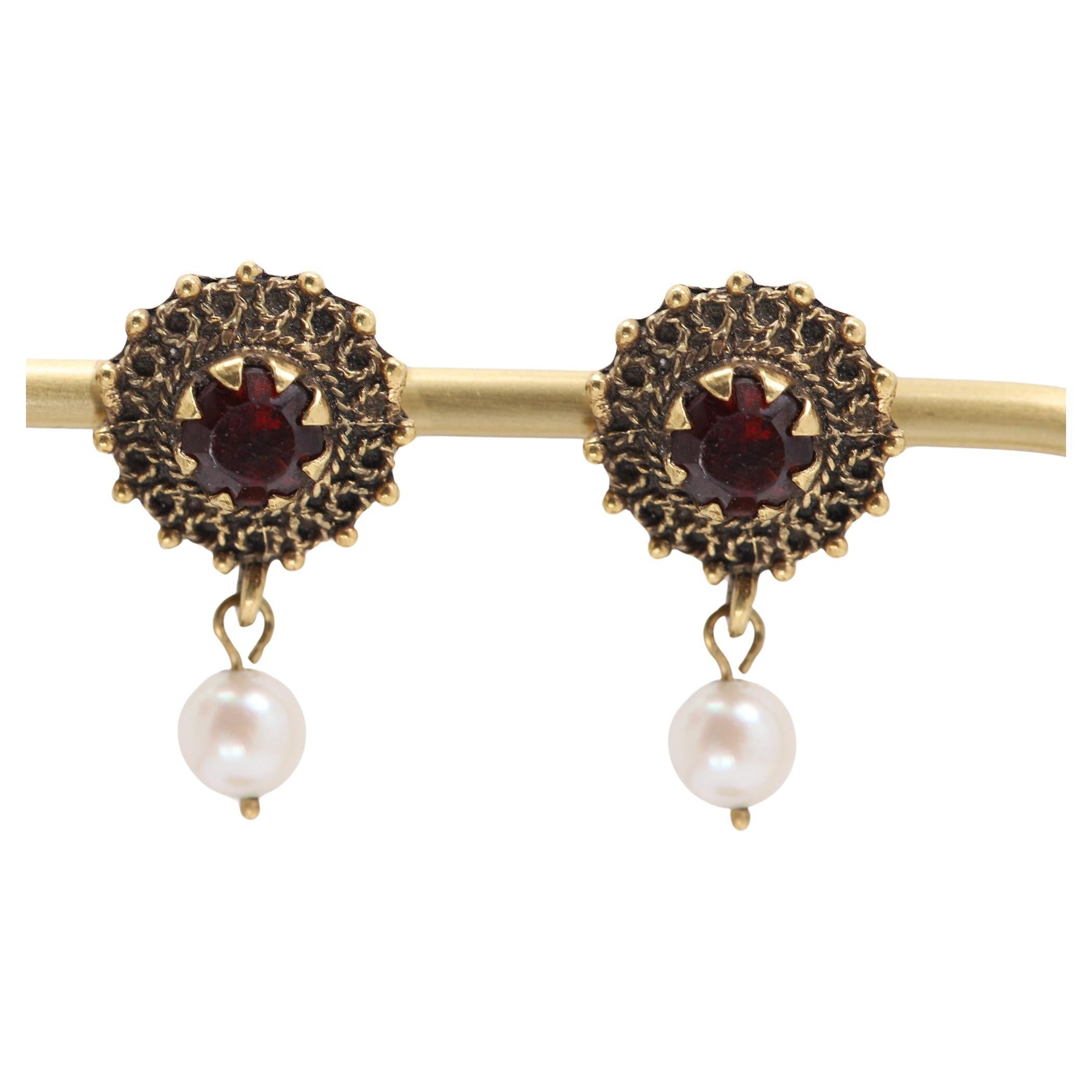 Circa 1940 Garnet Earrings 14 Karat Yellow Gold Pearl and Red Garnet Gemstone For Sale