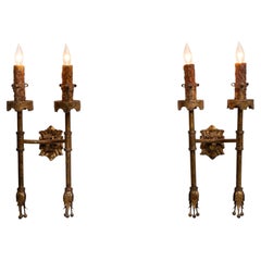 Circa 1940 Gold Metal Pair Of Gothic Style Gilded Wall Sconces