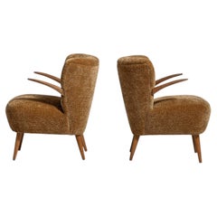 Coppia di poltrone imbottite in stile Mid-Century Modern, color senape, risalenti al 1940 circa