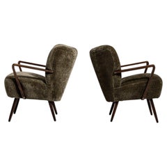 Circa 1940 Olive Wood Pair of Mid-Century Modern Upholstered Armchairs