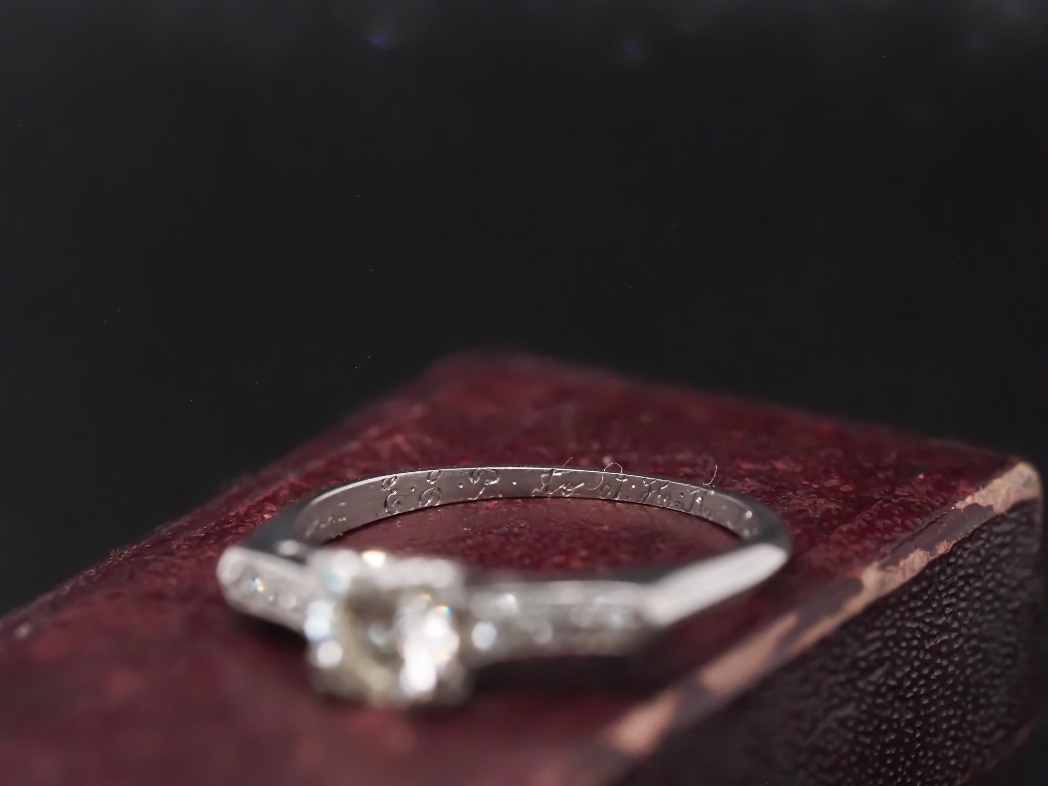 Women's Circa 1940 Platinum .50ct Diamond Engagement Ring with Christmas Date Engraved - For Sale